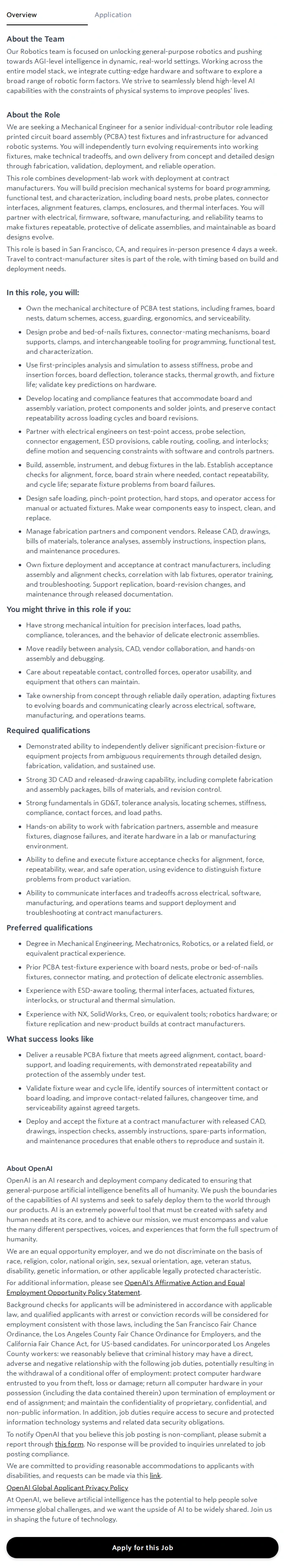 오픈에이아이(OpenAI) Mechanical Engineer, PCBA Test Infrastructure, Robotics 채용공고