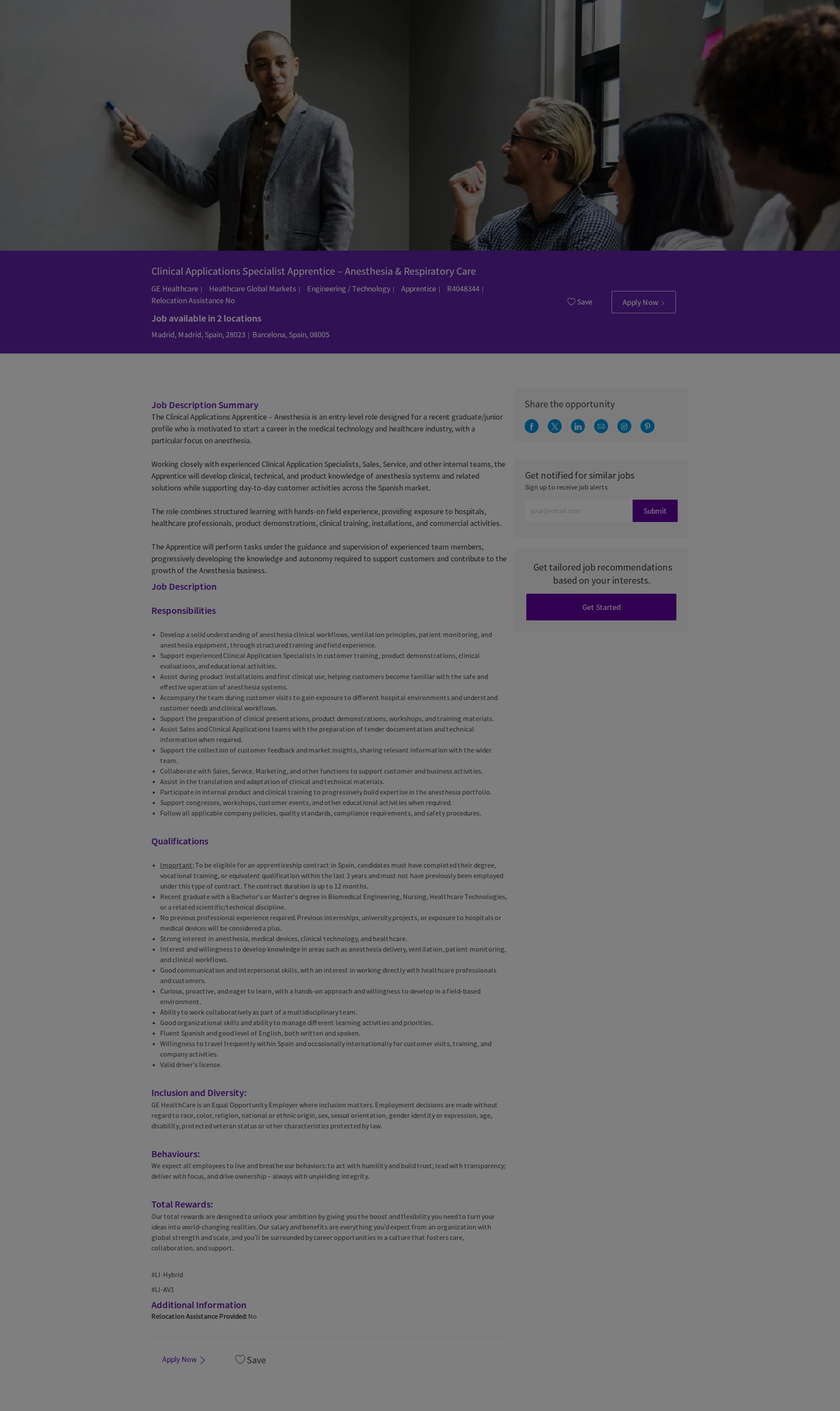 GE헬스케어 Clinical Applications Specialist Apprentice – Anesthesia & Respiratory Care 채용공고