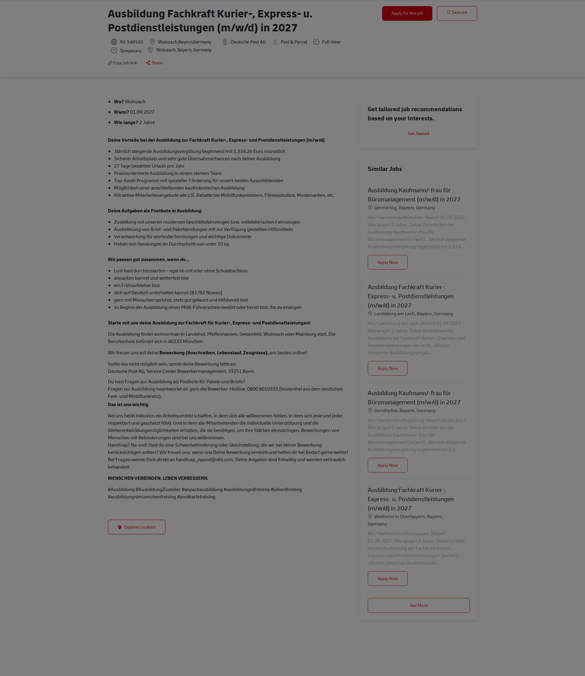 DHL Ausbildung Fachkraft Kurier-, Express- u. Postdienstleistungen (m/w/d) in 2027 채용공고
