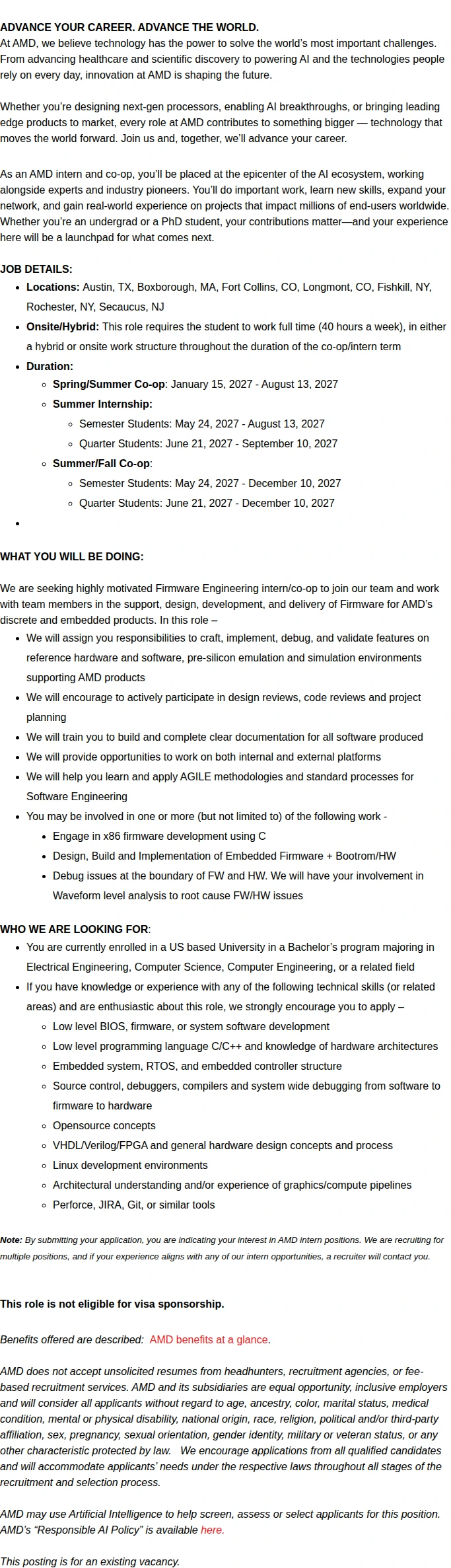 AMD 2027 Undergrad Firmware Engineering Intern/Co-op 채용공고