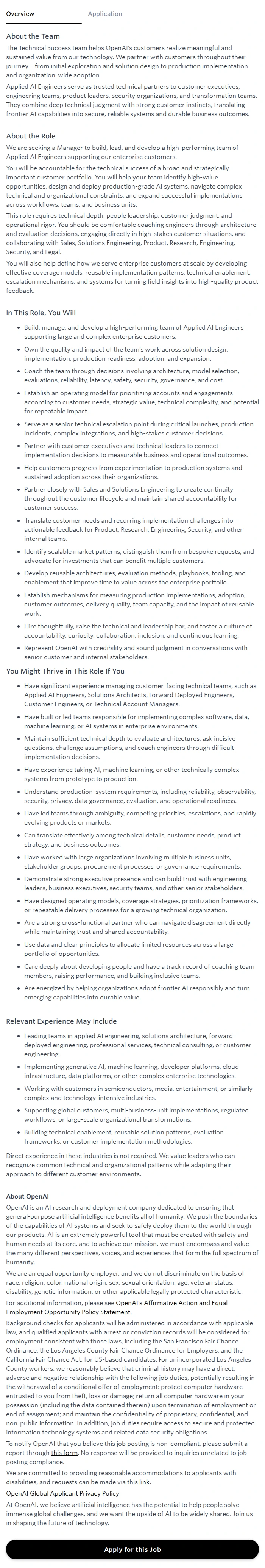 오픈에이아이(OpenAI) Manager, Applied AI Engineering  (Enterprise) 채용공고