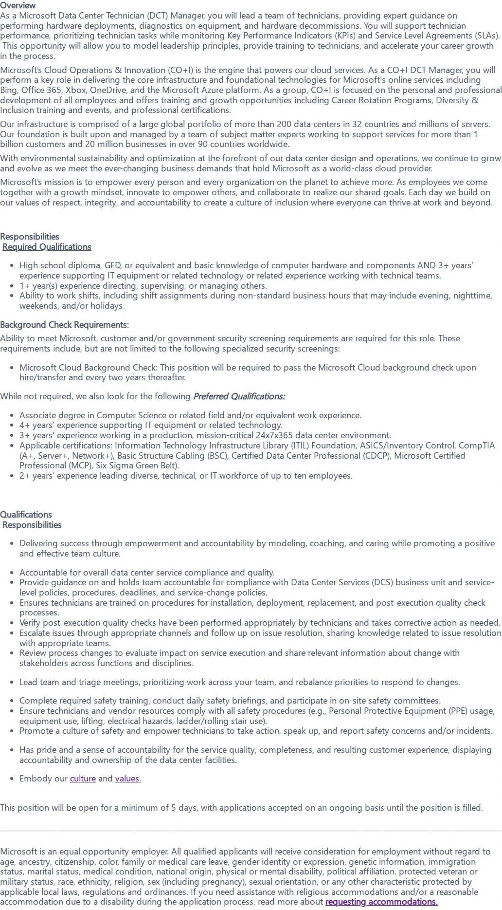 마이크로소프트(Microsoft) Data Center Technician Manager 채용공고