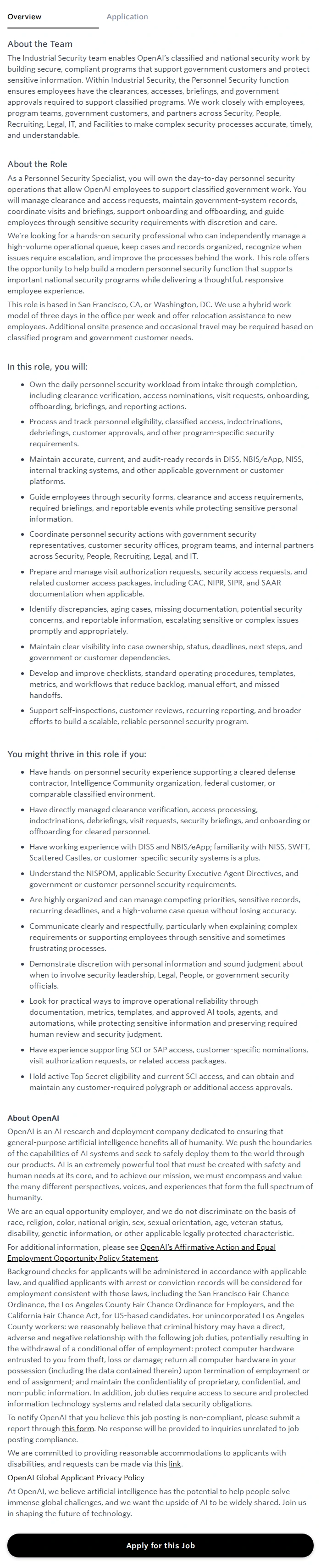 오픈에이아이(OpenAI) Personnel Security Specialist 채용공고