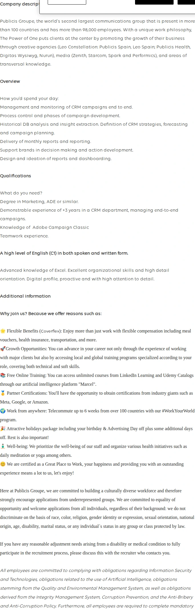 Publicis Groupe CRM Consultant (Adobe) 채용공고