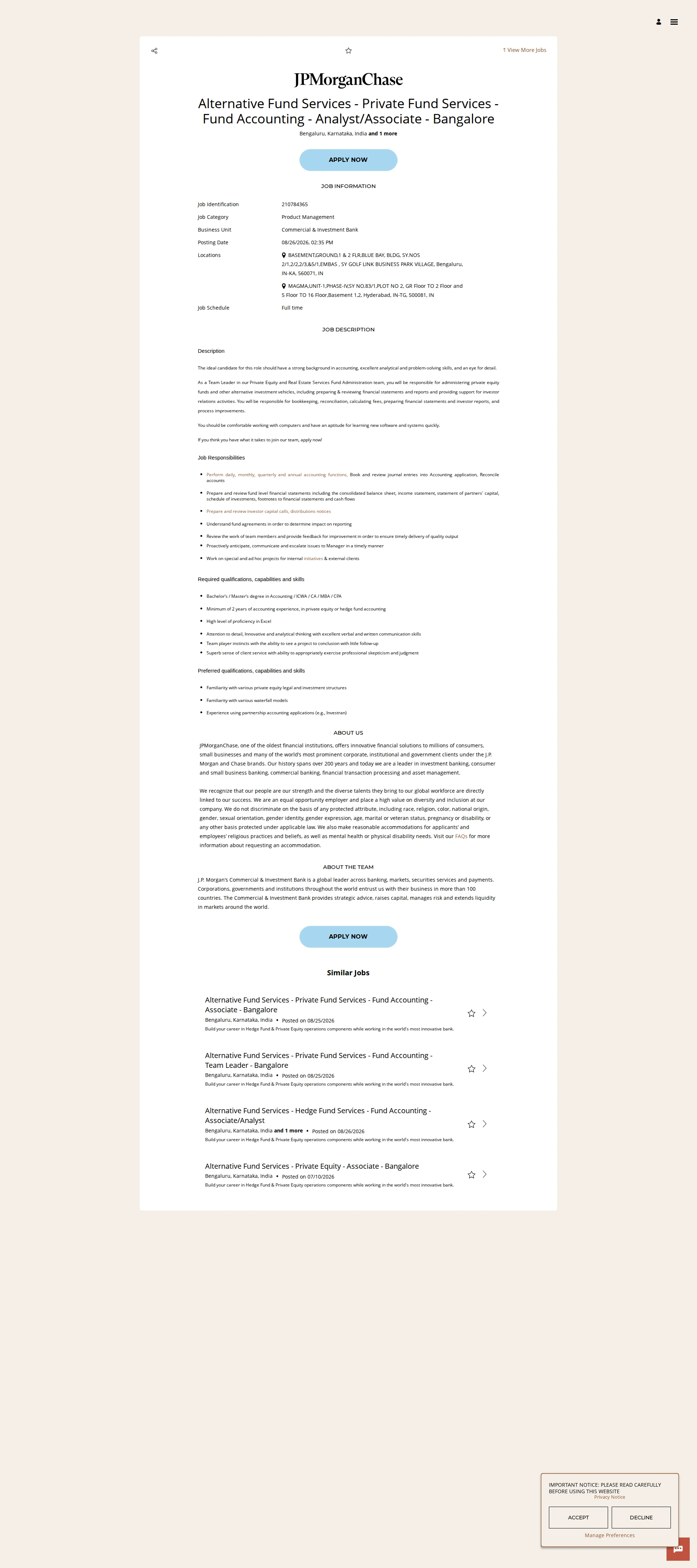 JPMorganChase Alternative Fund Services - Private Fund Services - Fund Accounting - Analyst/Associate - Bangalore 채용공고