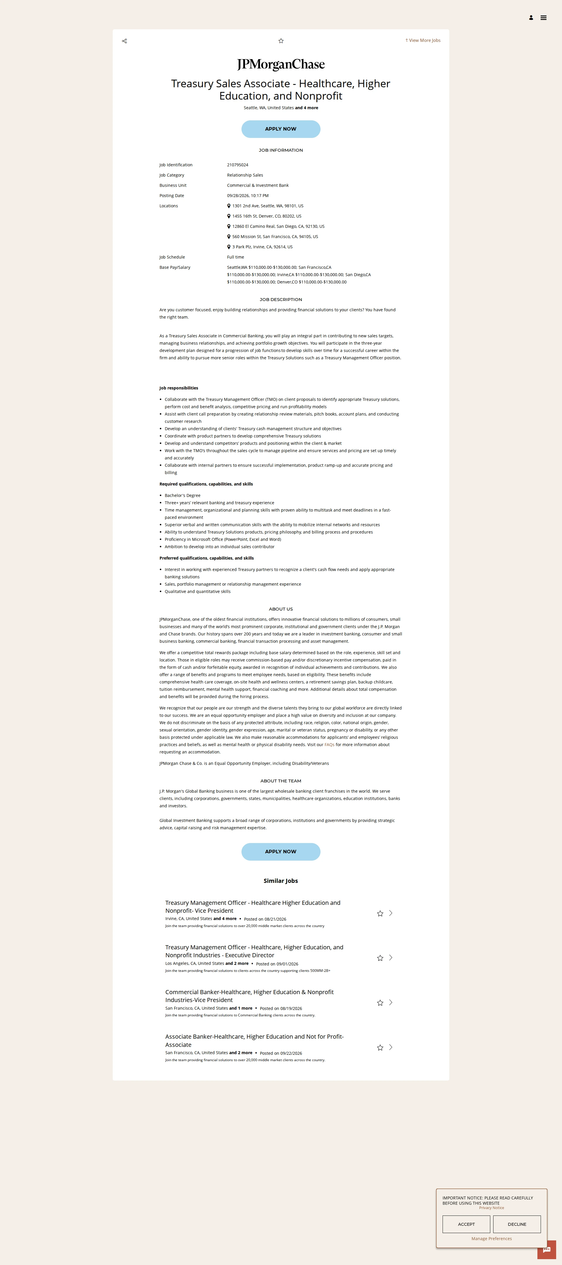 JPMorganChase Treasury Sales Associate - Healthcare, Higher Education, and Nonprofit 채용공고