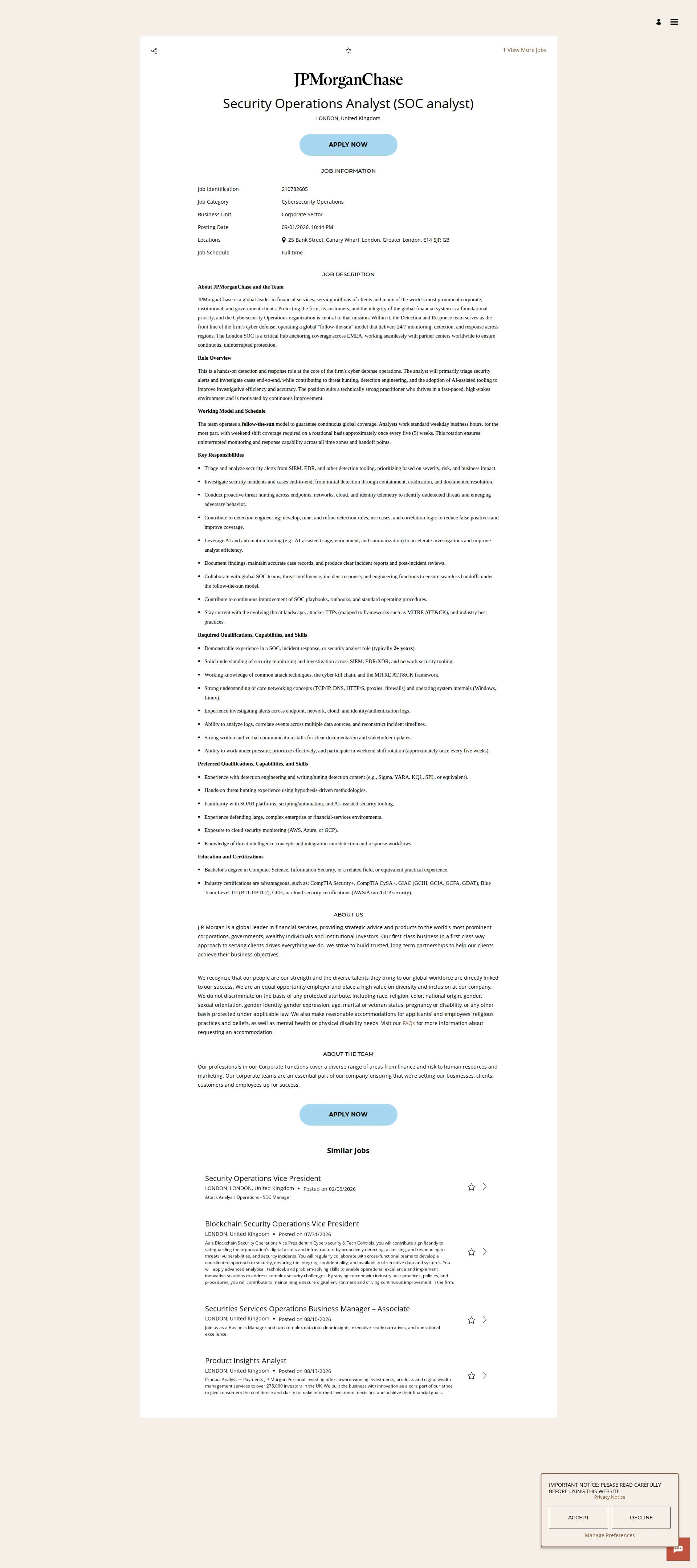 JPMorganChase Security Operations Analyst (SOC analyst) 채용공고
