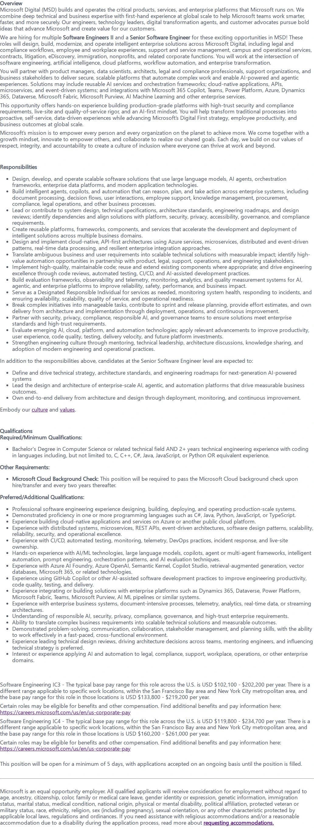 마이크로소프트(Microsoft) Software Engineers II  / Senior Software Engineers - Applied AI, Enterprise Platforms 채용공고