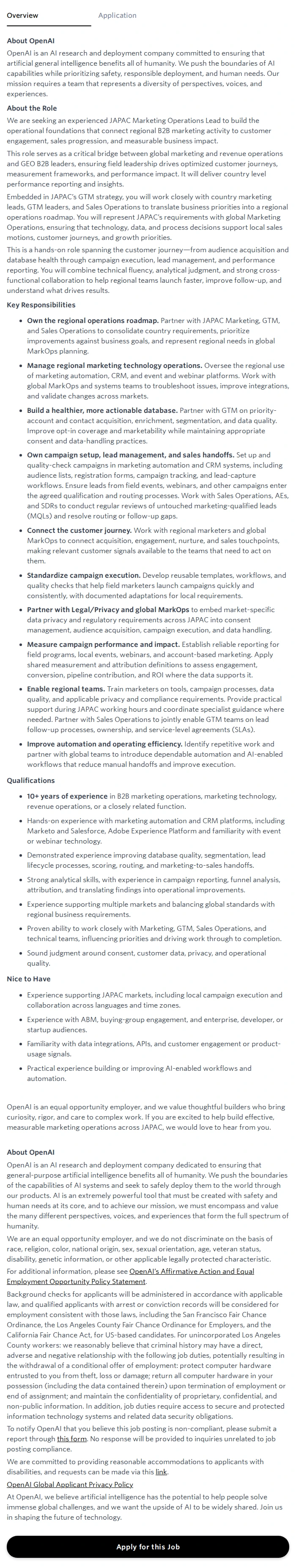 오픈에이아이(OpenAI) Marketing Technology & Operations Lead, APAC 채용공고