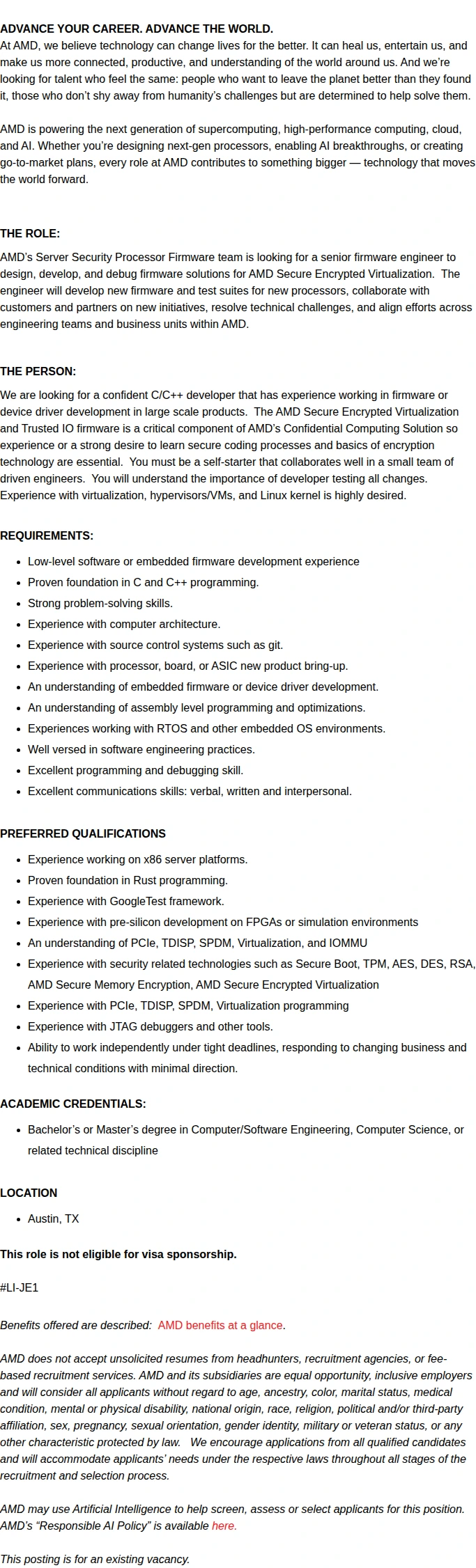 AMD Sr. Firmware Engineer 채용공고