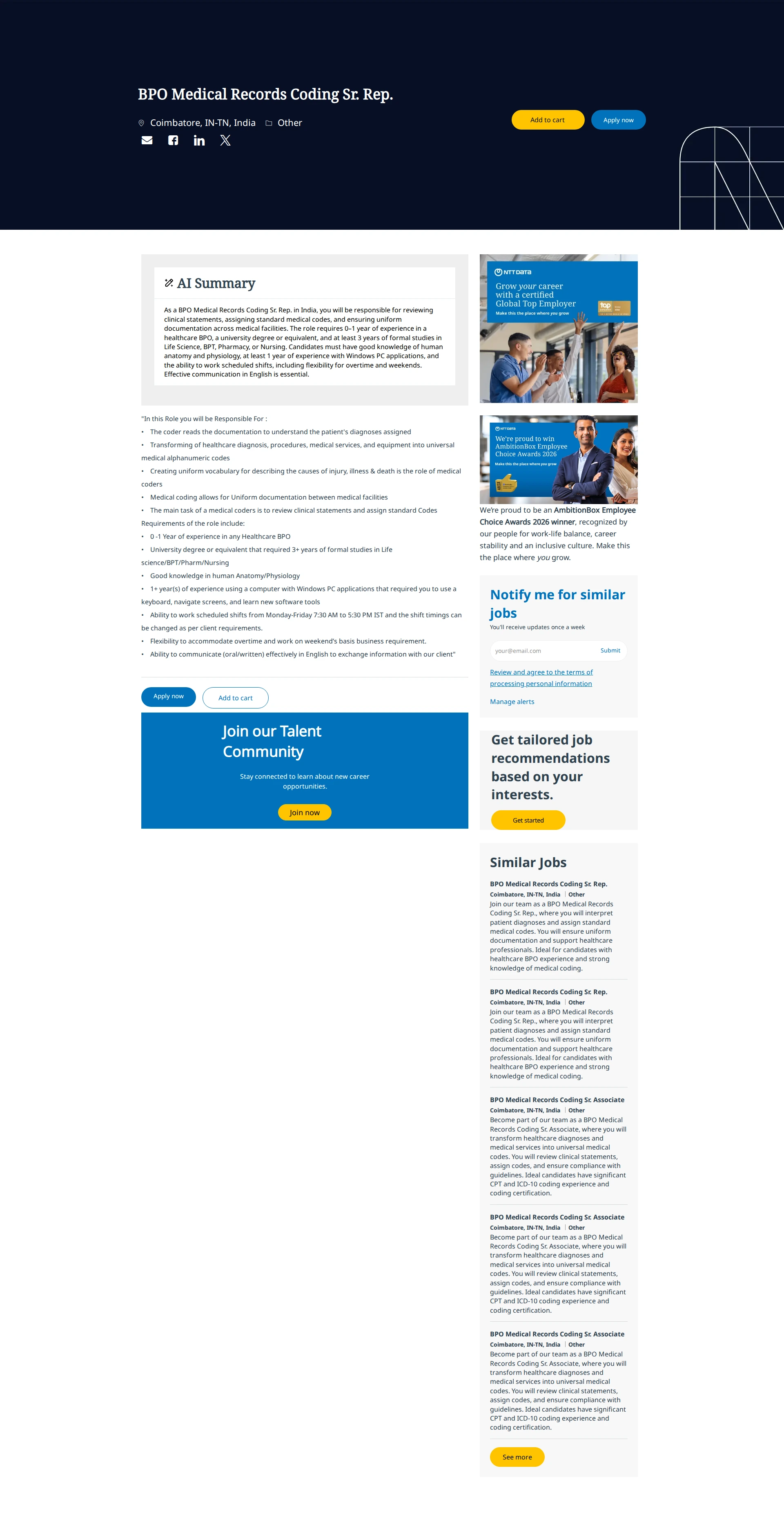 NTT데이터 BPO Medical Records Coding Sr. Rep. 채용공고
