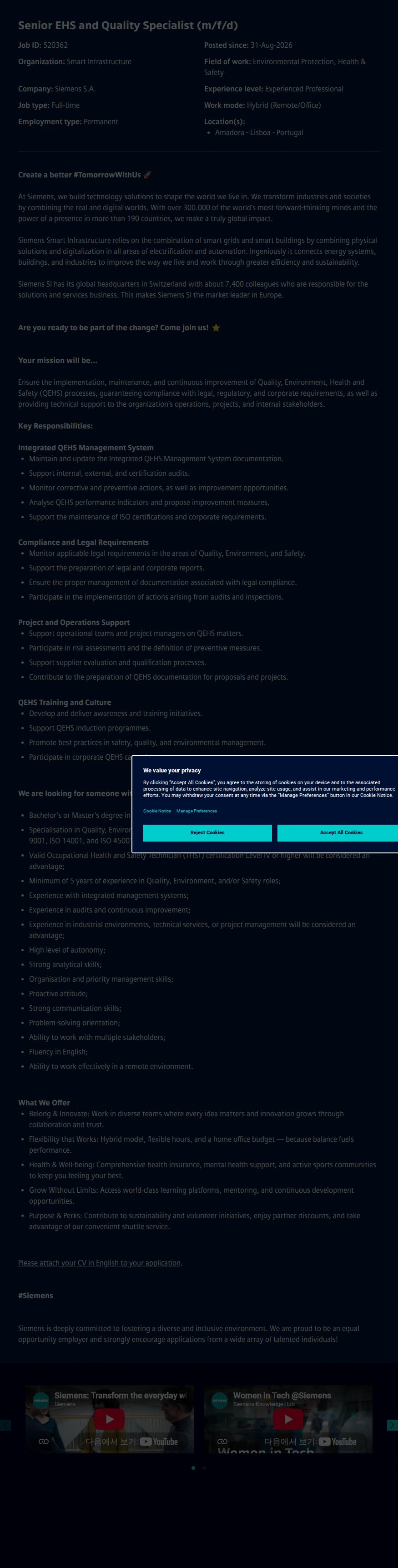 지멘스 Senior EHS and Quality Specialist (m/f/d) 채용공고
