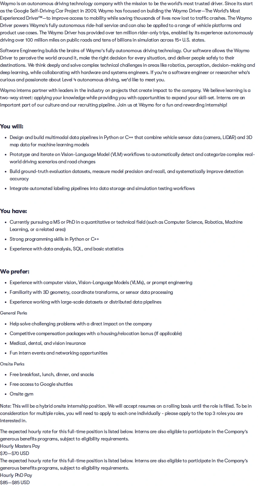 웨이모 2027 Summer Intern, MS/PhD, Software/ML Engineer, Simulation 채용공고