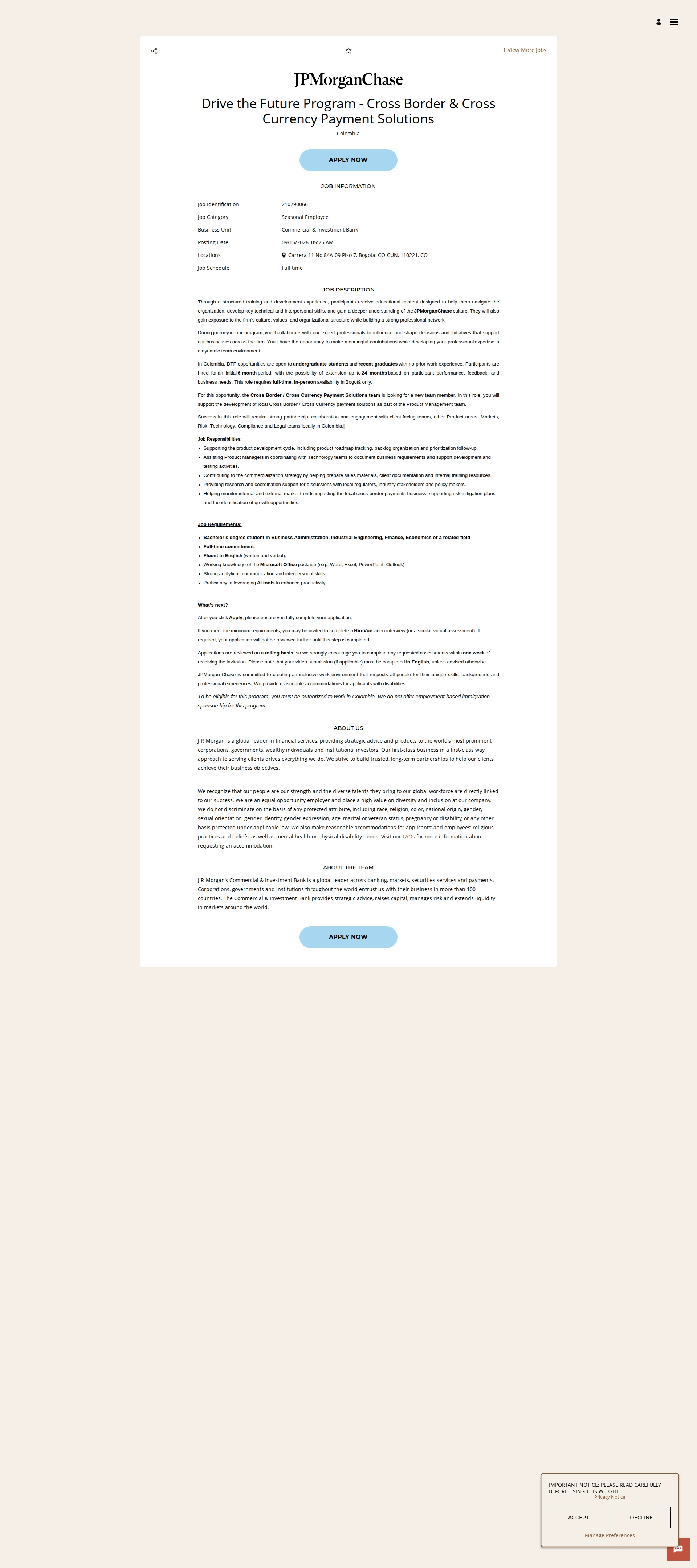 JPMorganChase Drive the Future Program - Cross Border & Cross Currency Payment Solutions 채용공고