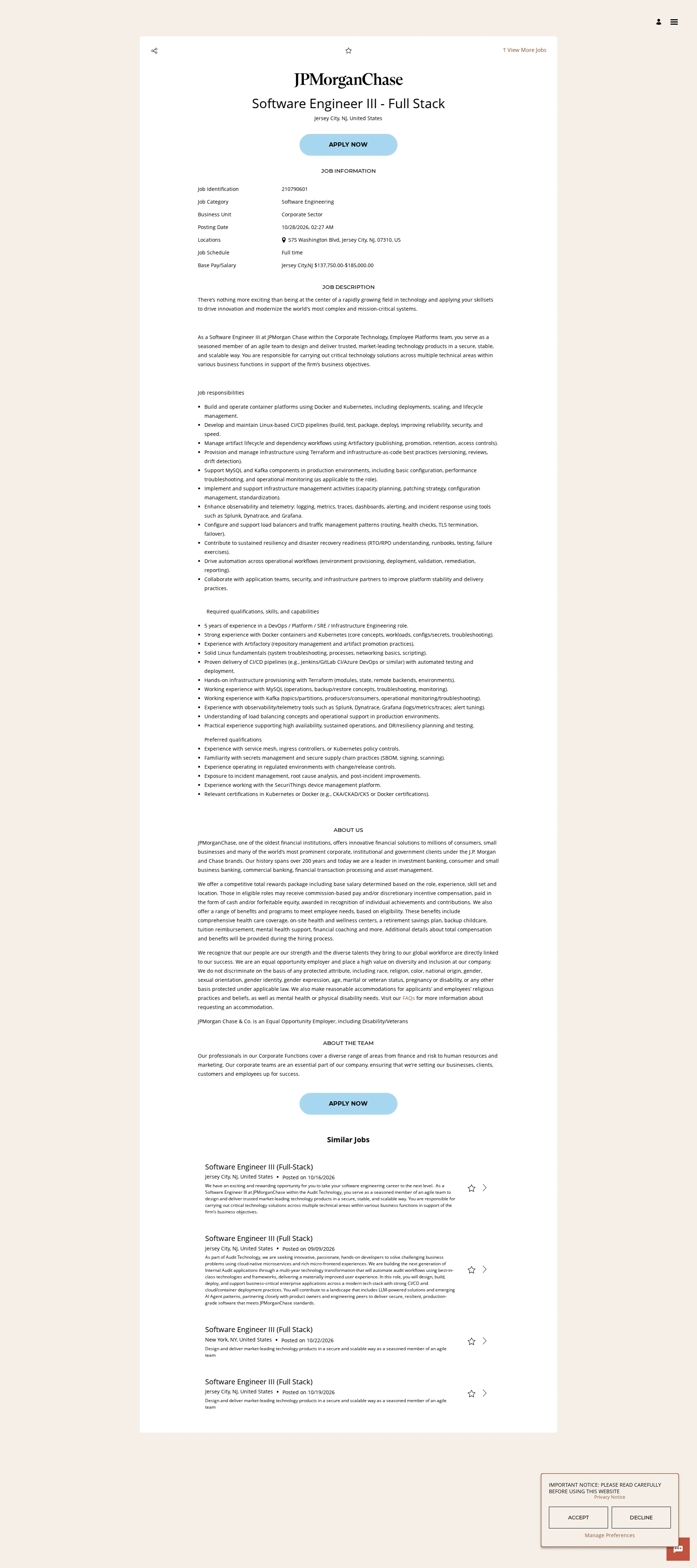 JPMorganChase Software Engineer III - Full Stack 채용공고