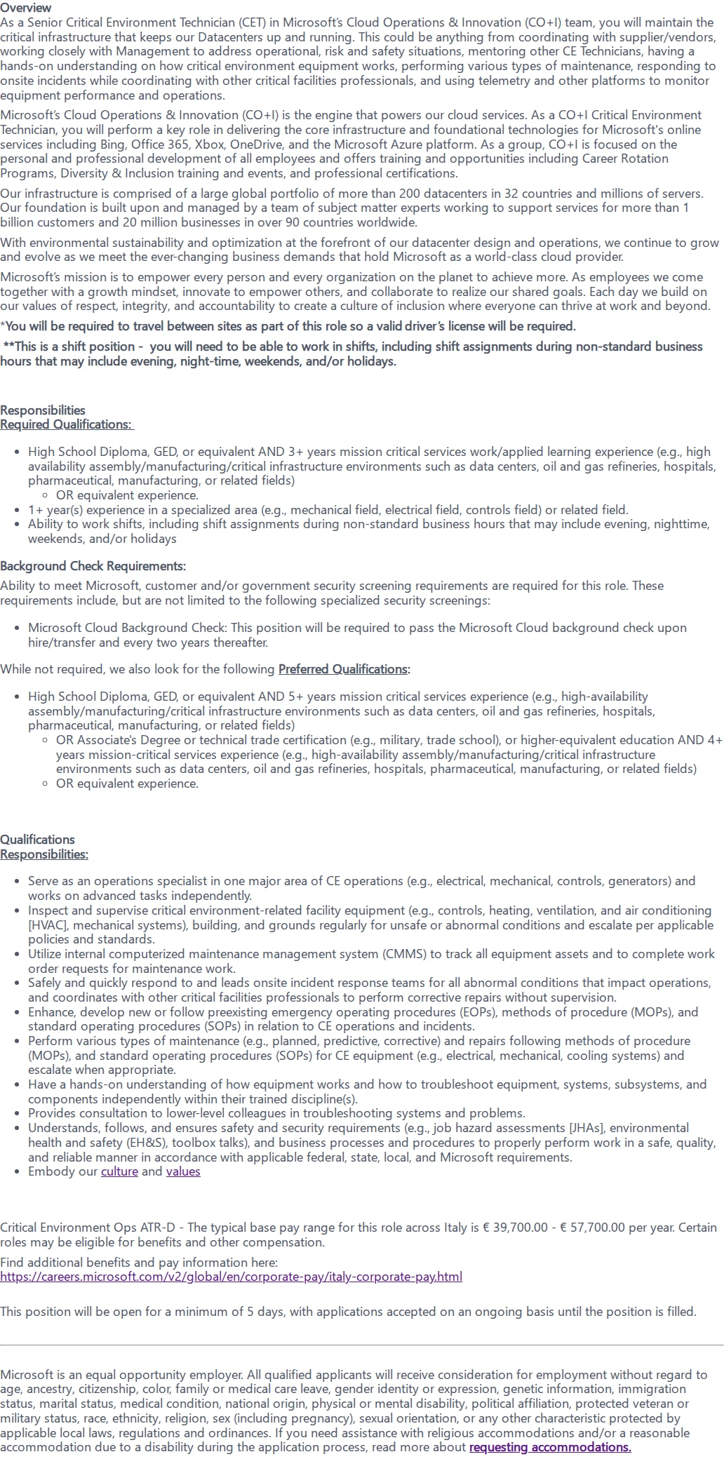 마이크로소프트(Microsoft) Senior Critical Environment Technician 채용공고