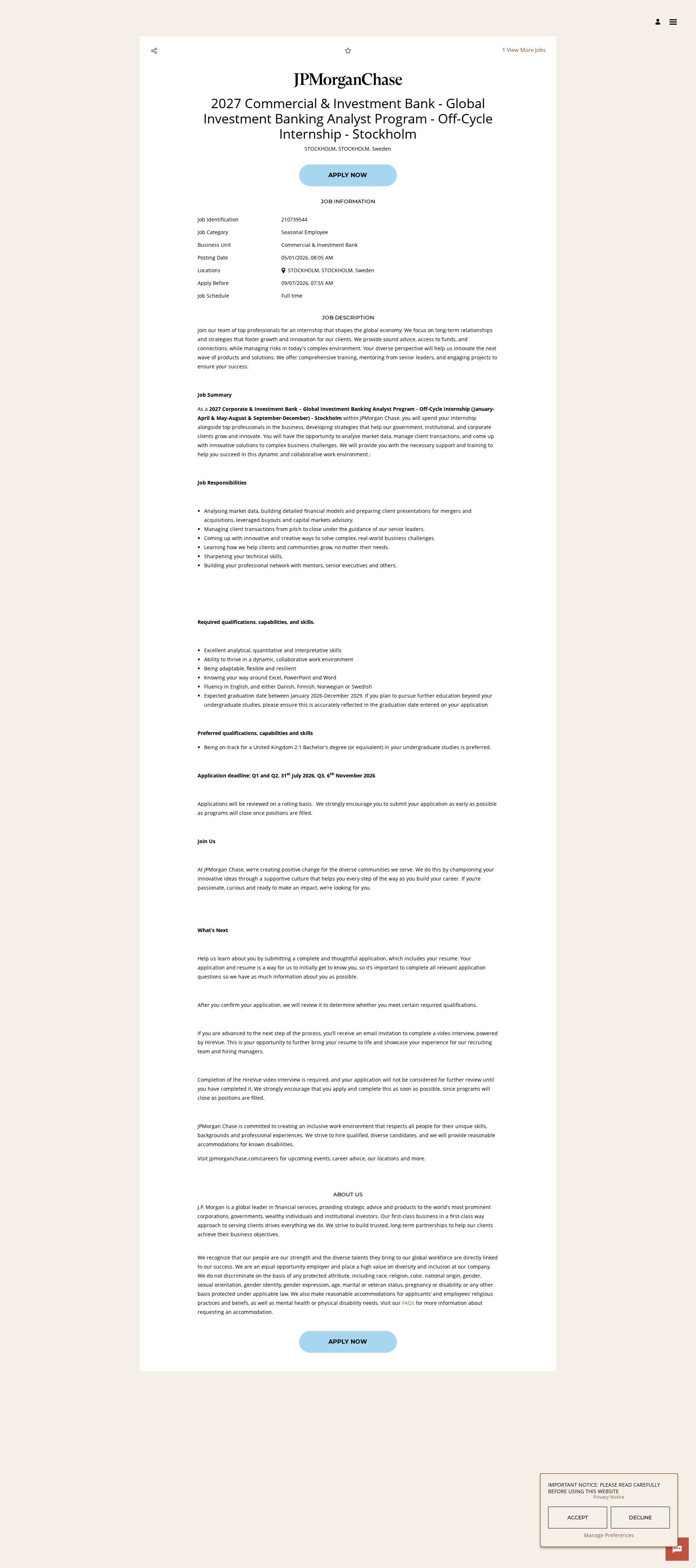 JPMorganChase 2027 Commercial & Investment Bank - Global Investment Banking Analyst Program - Off-Cycle Internship - Stockholm 채용공고