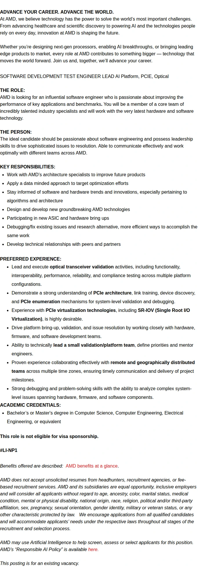 AMD Software Development Test Engineer Lead AI Platform 채용공고