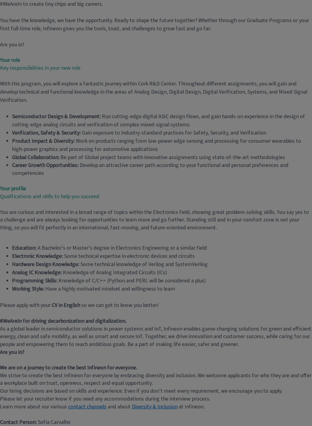 인피니언 Junior Engineer Graduate Program – Cork (f/m/div) 채용공고