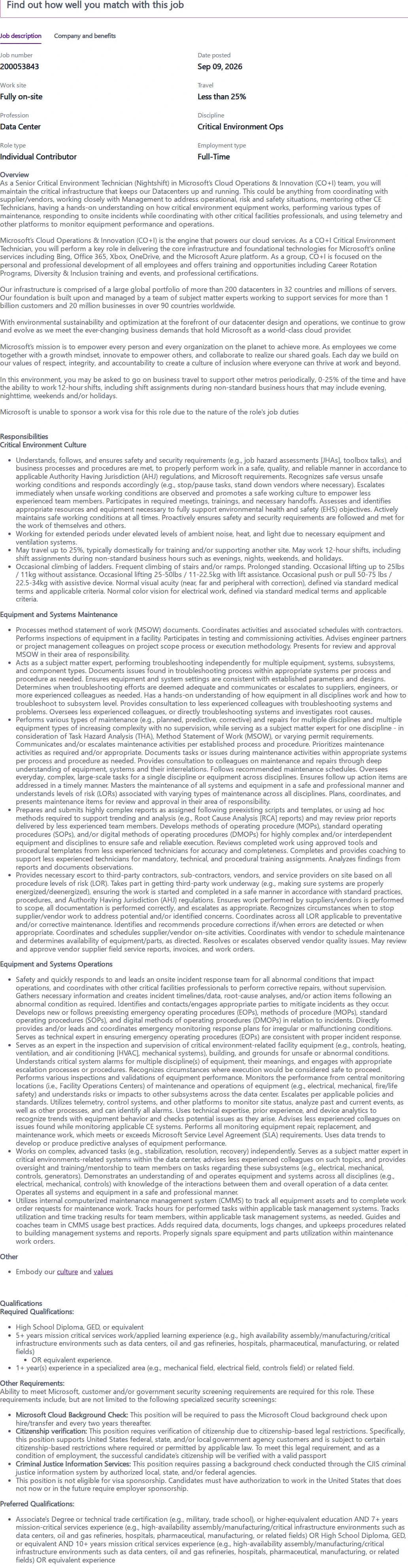 마이크로소프트(Microsoft) Senior Critical Environment Technician (Nightshift) 채용공고