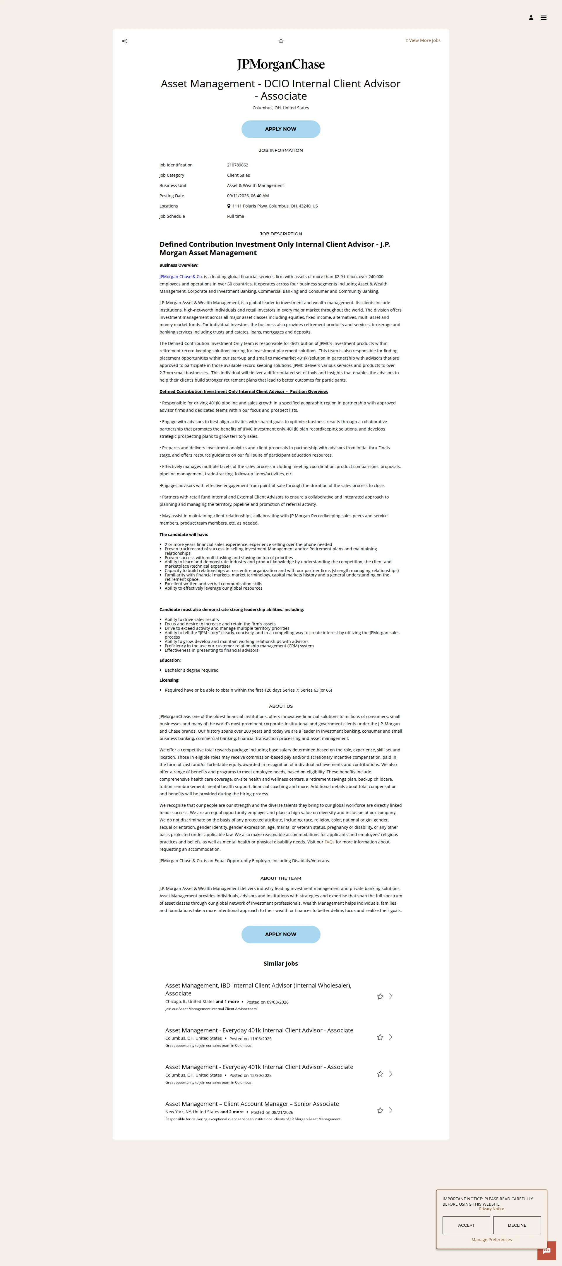 JPMorganChase Asset Management - DCIO Internal Client Advisor - Associate 채용공고