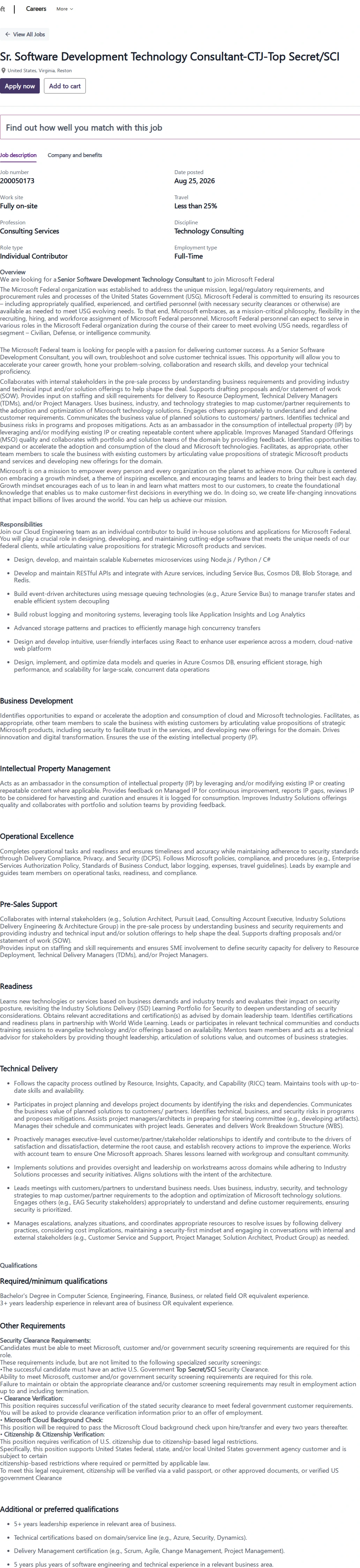 마이크로소프트(Microsoft) Sr. Software Development Technology Consultant-CTJ-Top Secret/SCI 채용공고