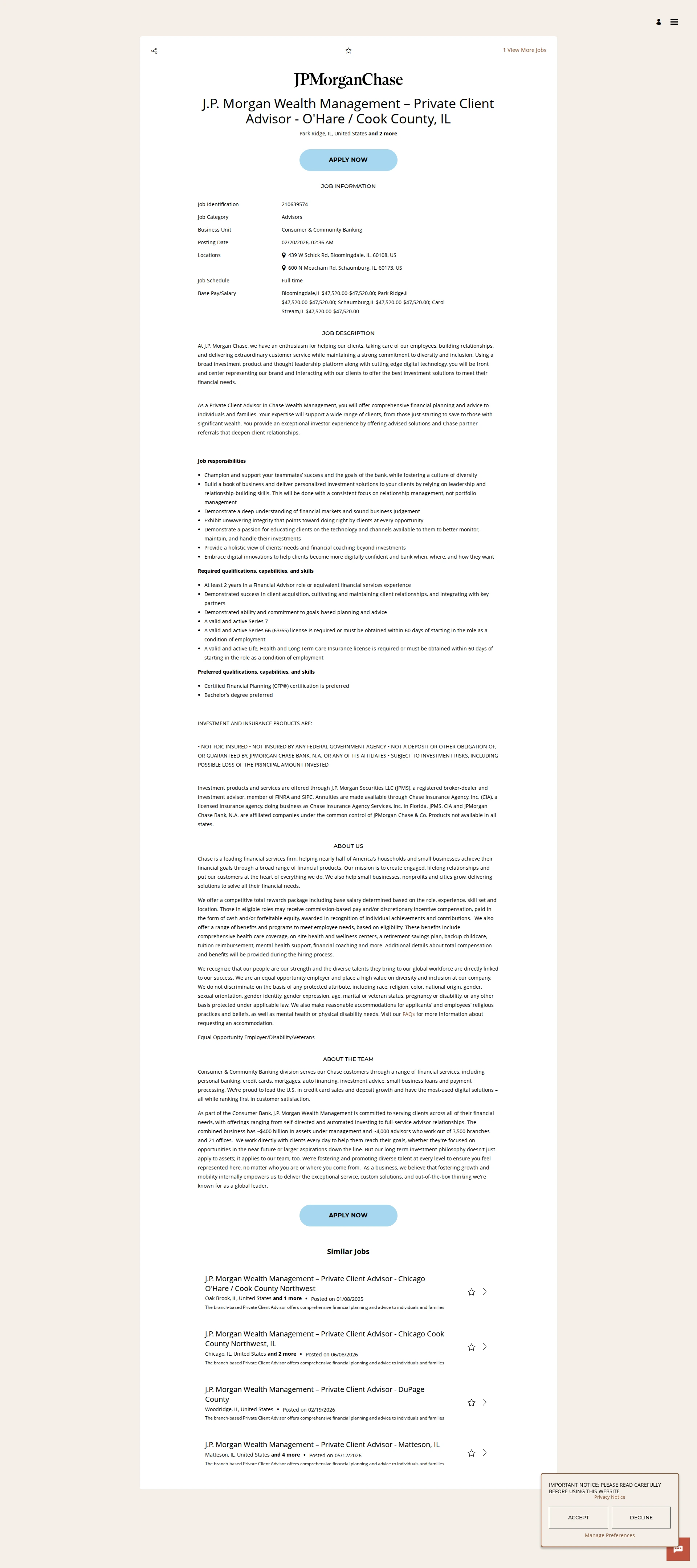 JPMorganChase J.P. Morgan Wealth Management – Private Client Advisor - O'Hare / Cook County, IL 채용공고