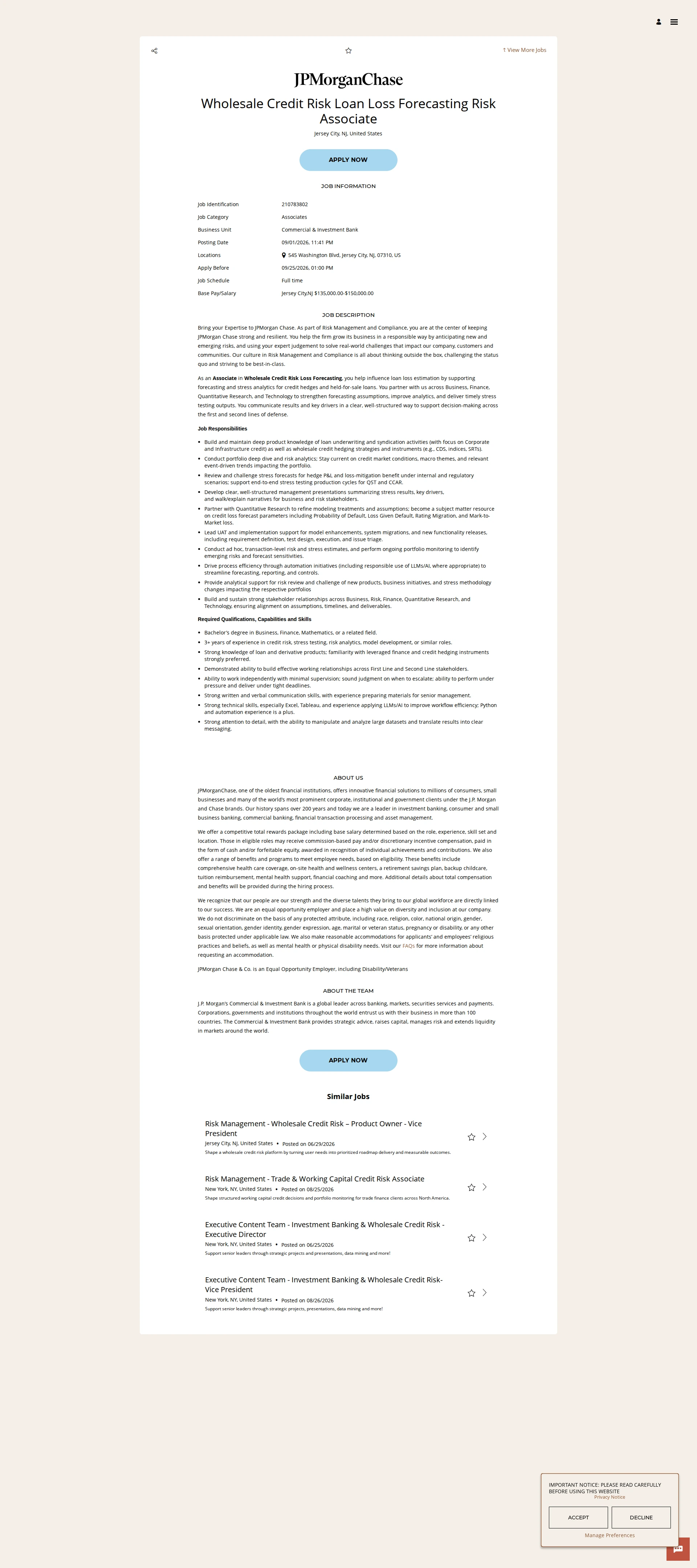 JPMorganChase Wholesale Credit Risk Loan Loss Forecasting Risk Associate 채용공고