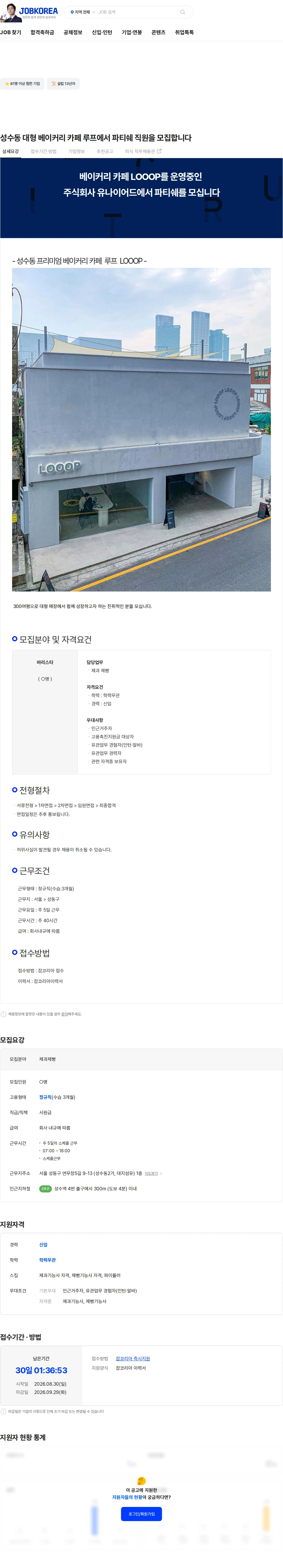 유나이어드 성수동 대형 베이커리 카페 루프에서 파티쉐 직원을 모집합니다 채용공고