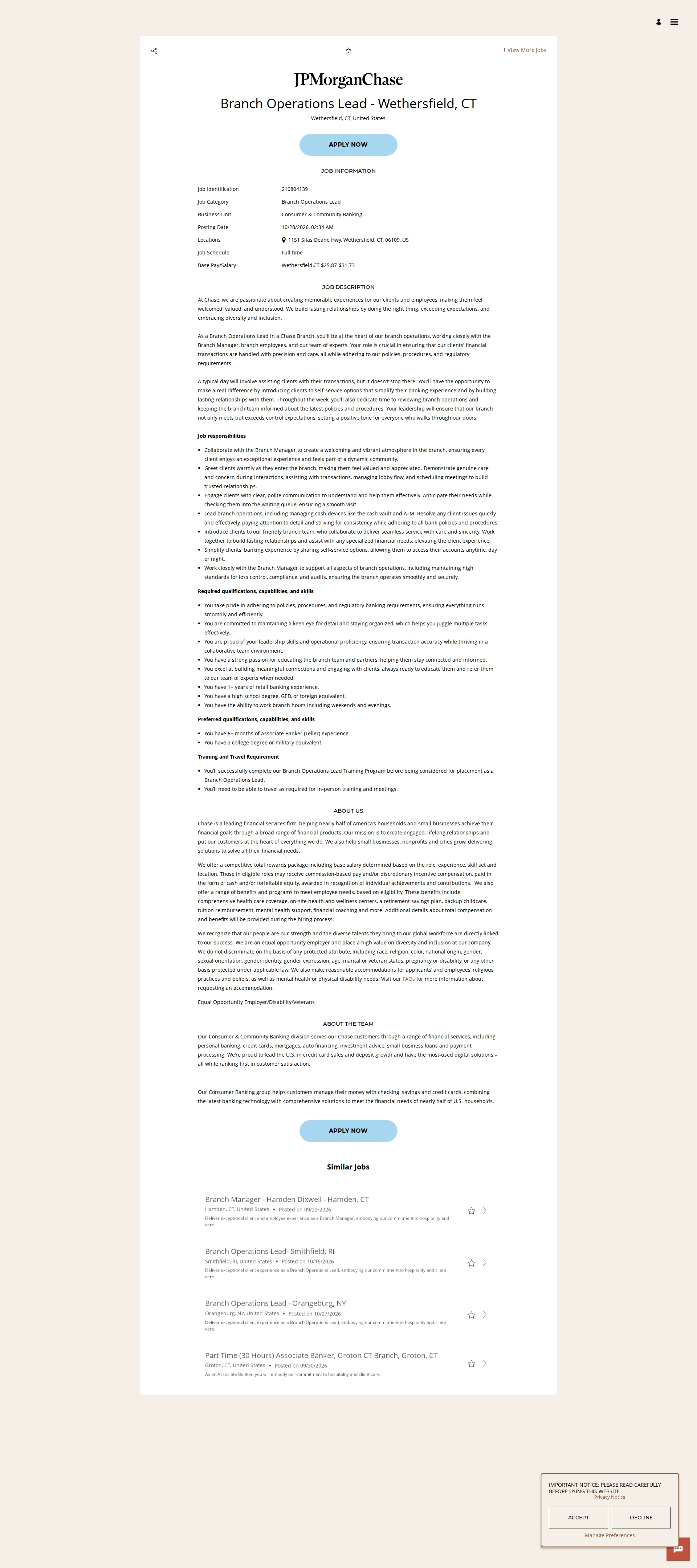 JPMorganChase Branch Operations Lead - Wethersfield, CT 채용공고