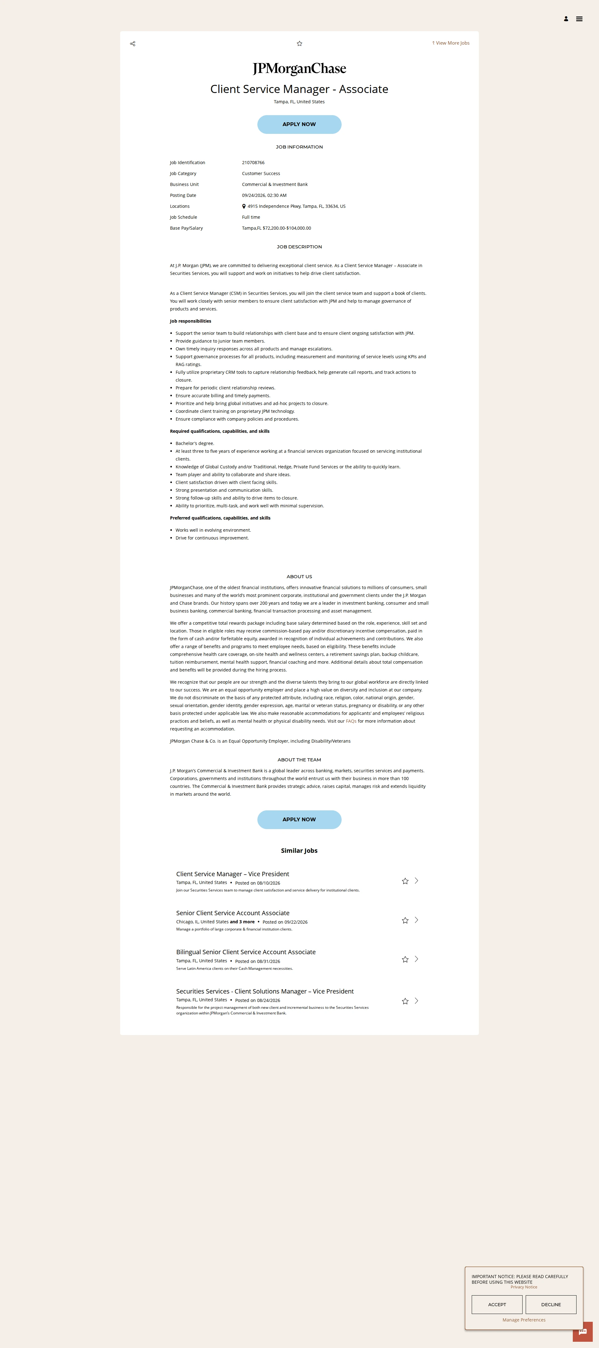 JPMorganChase Client Service Manager - Associate 채용공고