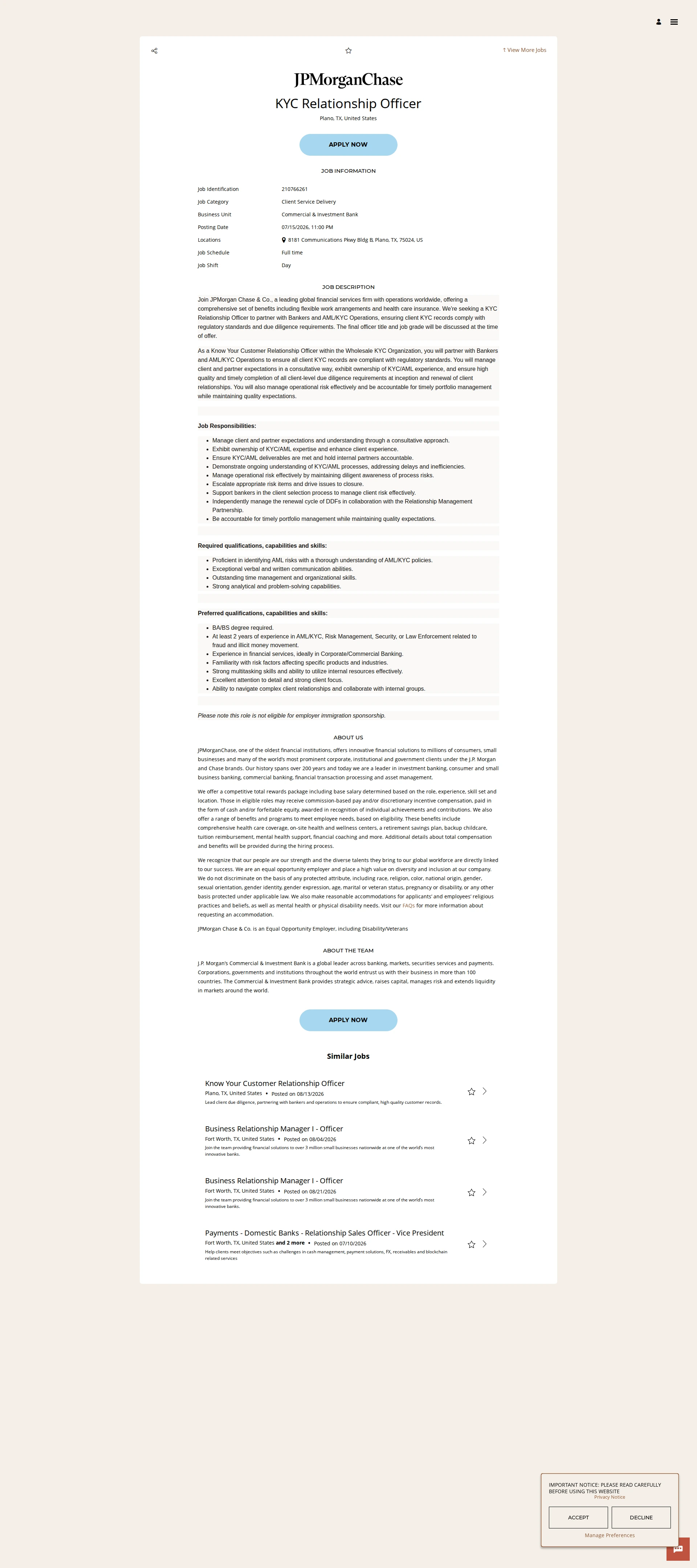 JPMorganChase KYC Relationship Officer 채용공고