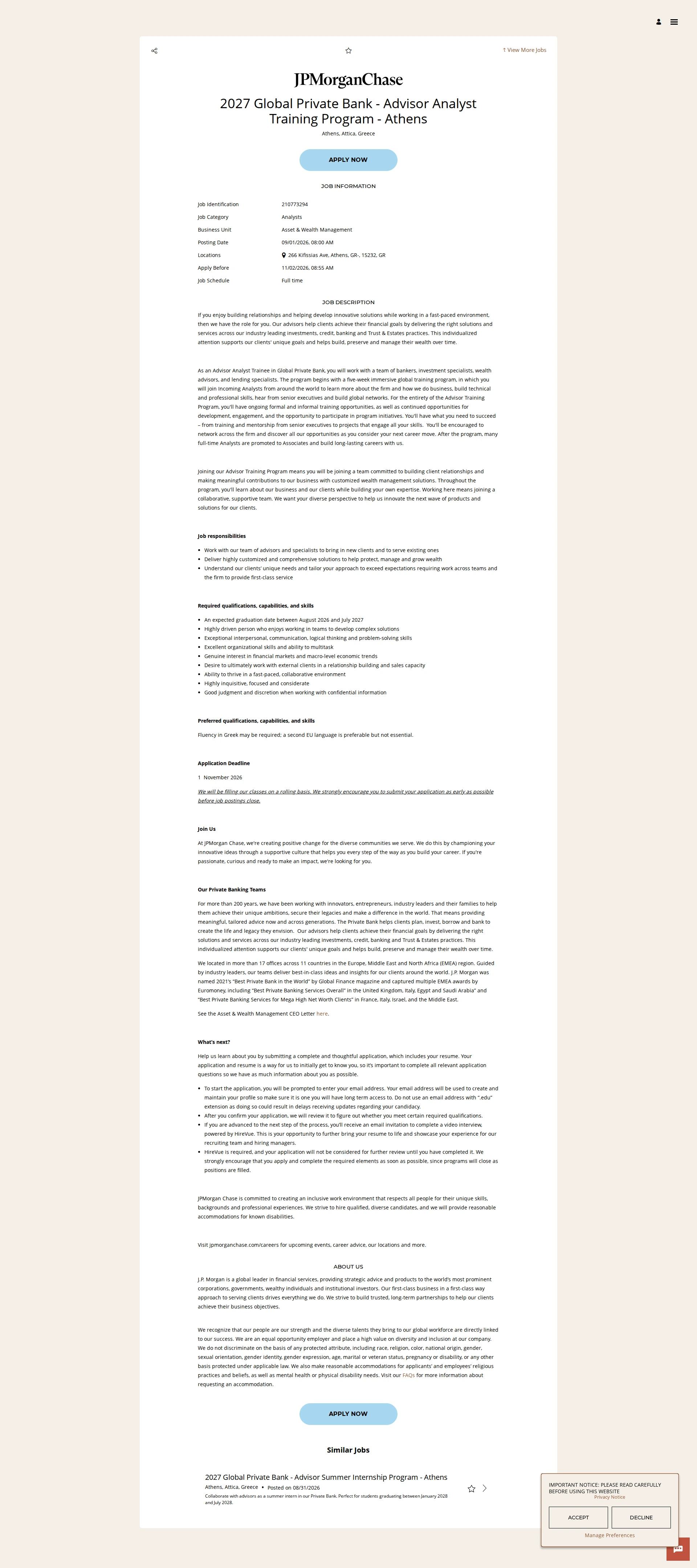 JPMorganChase 2027 Global Private Bank - Advisor Analyst Training Program - Athens 채용공고