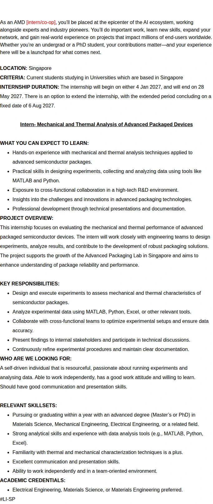 AMD Mechanical and Thermal Analysis of Advanced Packaged Devices Intern 채용공고