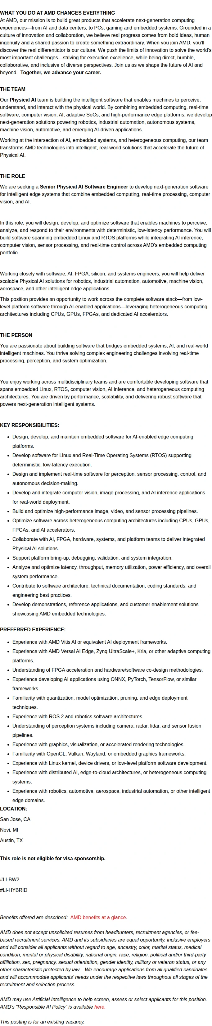 AMD Physical AI, Machine Learning Engineer (Vitis and ROCm) 채용공고