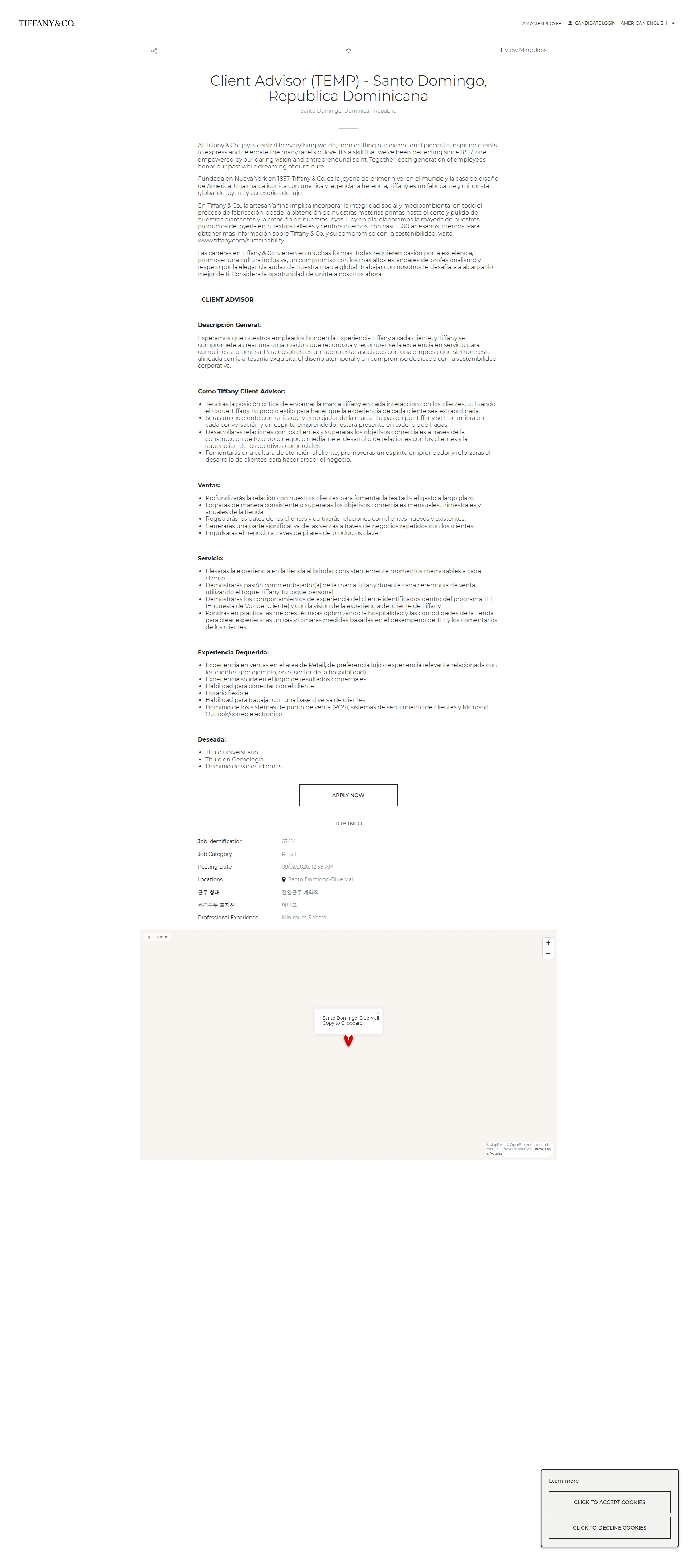 티파니앤코 Client Advisor (TEMP) - Santo Domingo, Republica Dominicana 채용공고