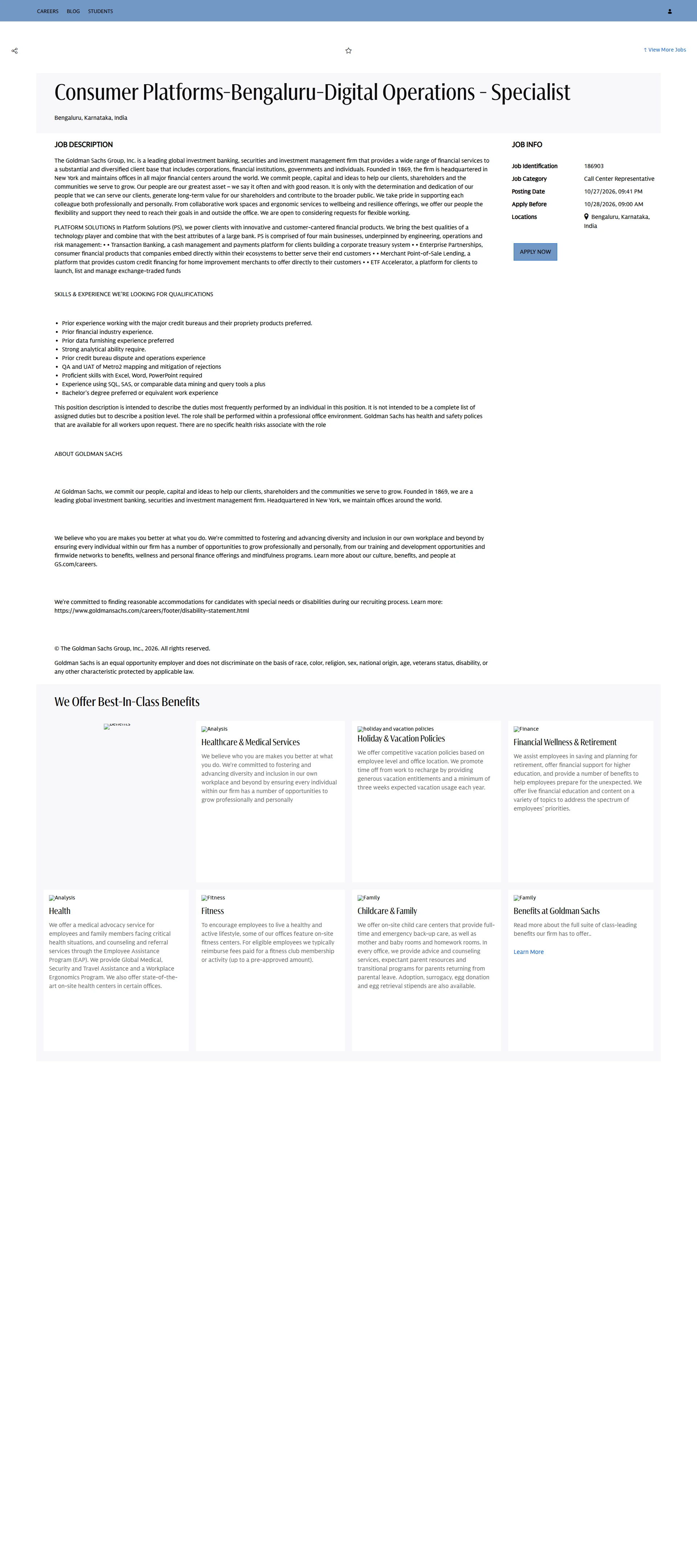골드만삭스 Consumer Platforms-Bengaluru-Digital Operations - Specialist 채용공고