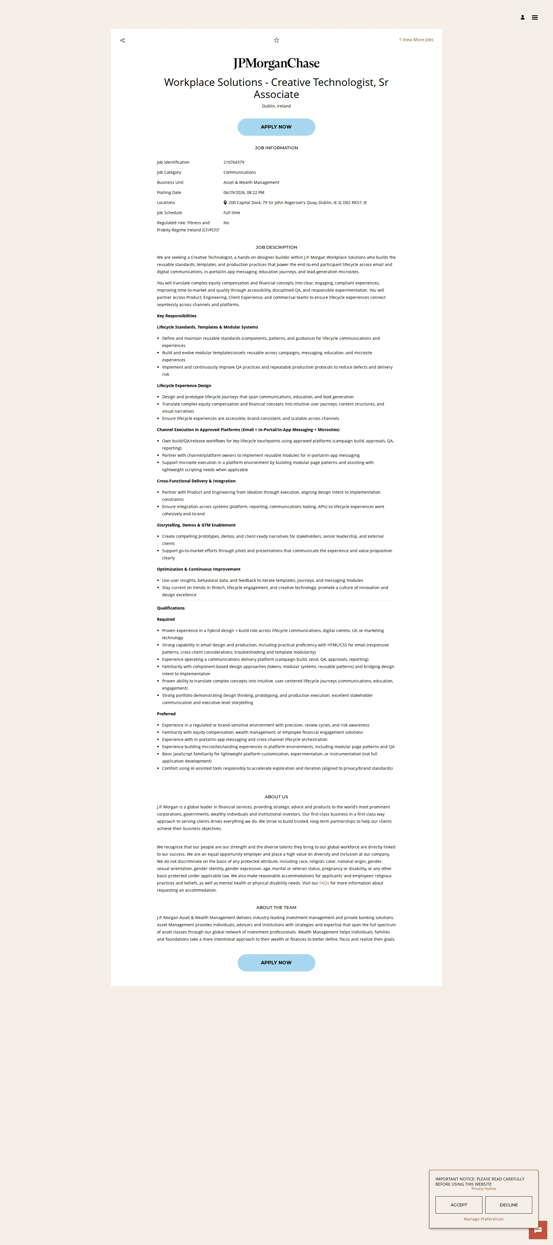 JPMorganChase Workplace Solutions - Creative Technologist, Sr Associate 채용공고
