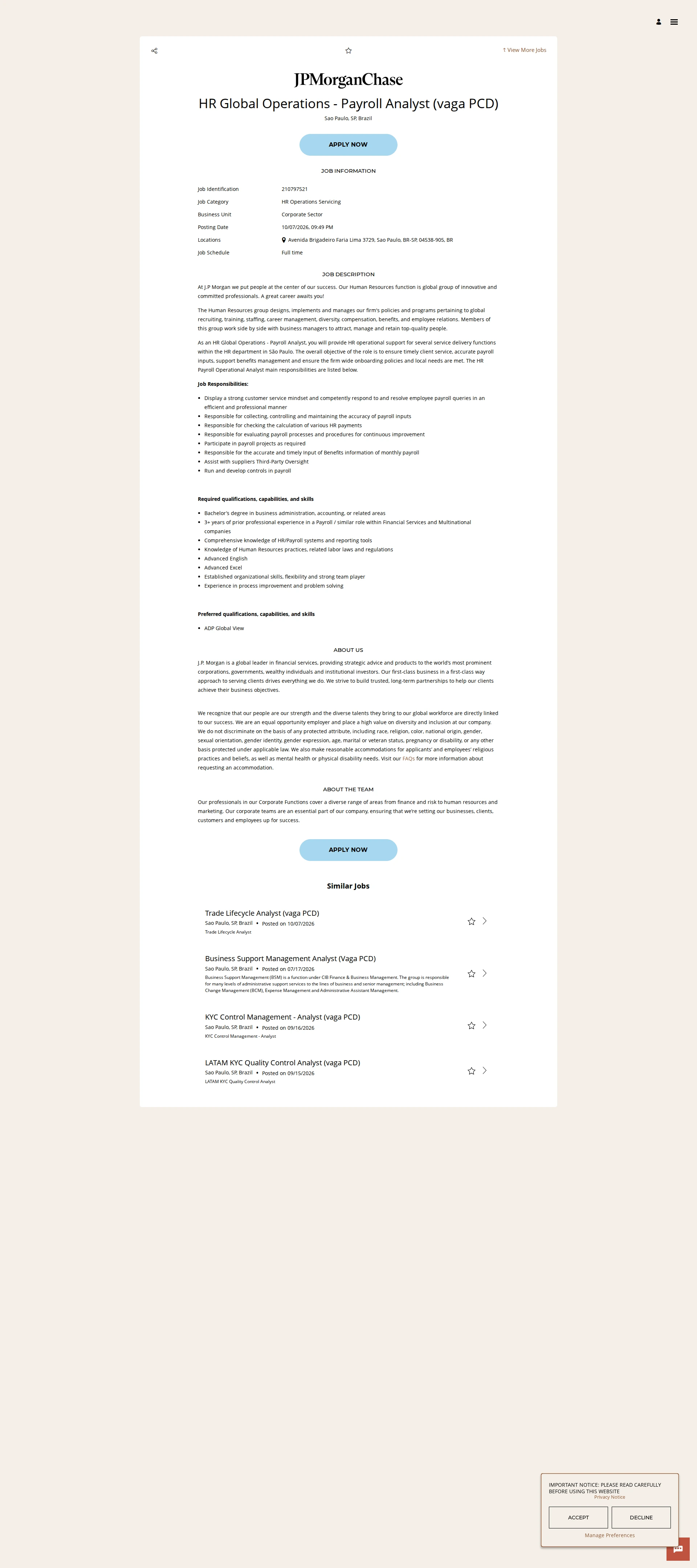 JPMorganChase HR Global Operations - Payroll Analyst (vaga PCD) 채용공고