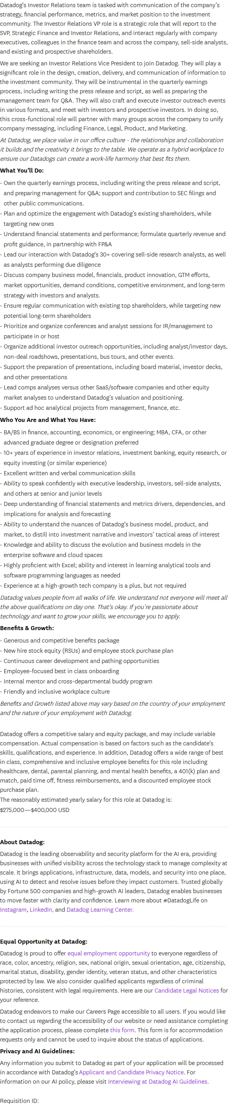 데이터독 VP, Investor Relations 채용공고