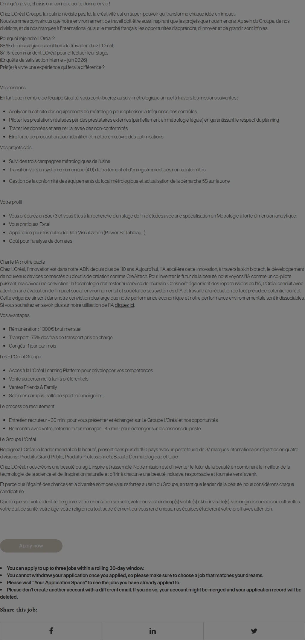 로레알(L'Oreal) Usine de Caudry – S1 - STAGE 5 MOIS – A partir de mars 2027 – Métrologie - Bac +3 - 1 300€/mois (H/F) 채용공고