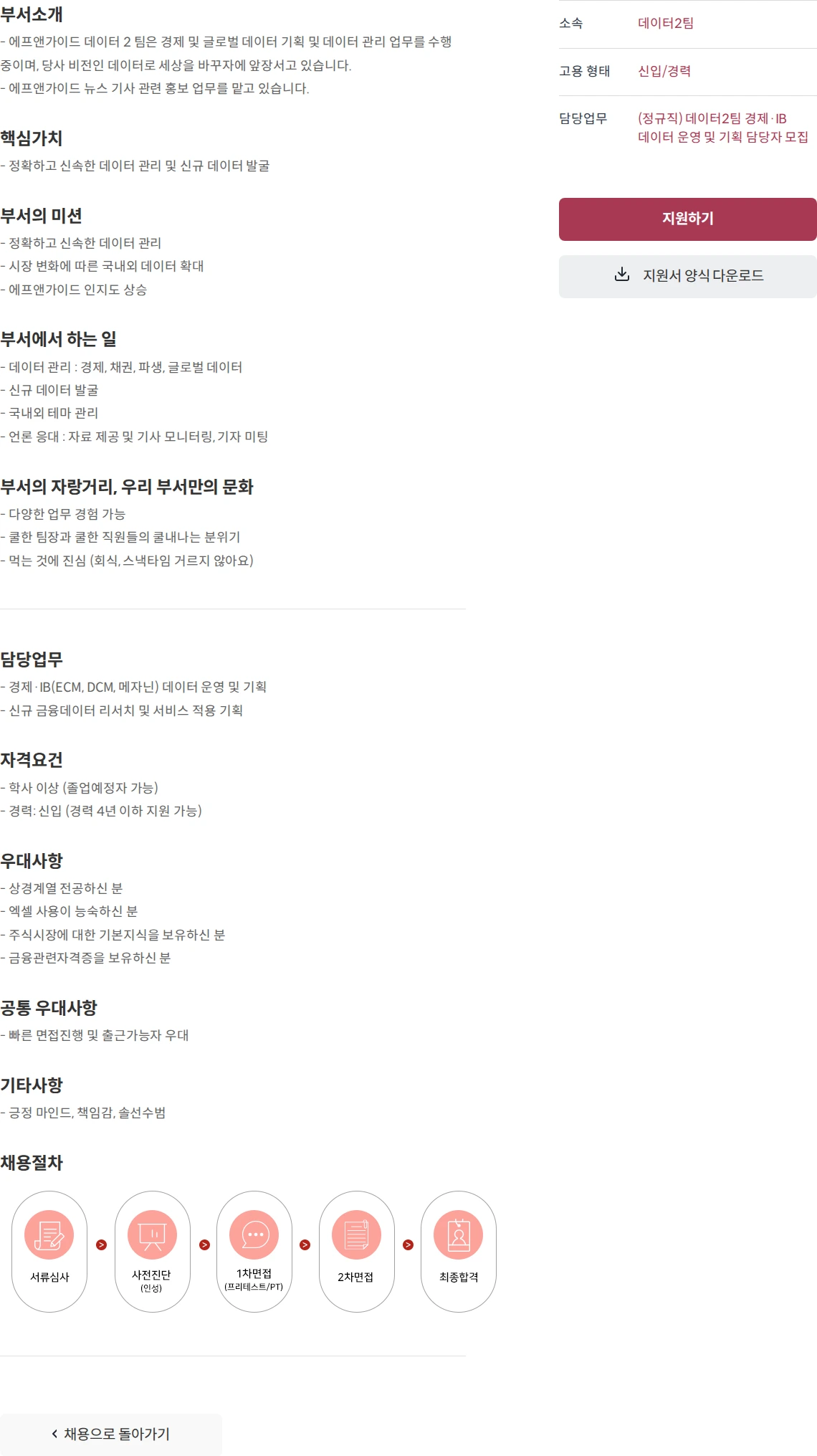 에프앤가이드 (정규직) 데이터2팀 경제·IB 데이터 운영 및 기획 담당자 모집 채용공고