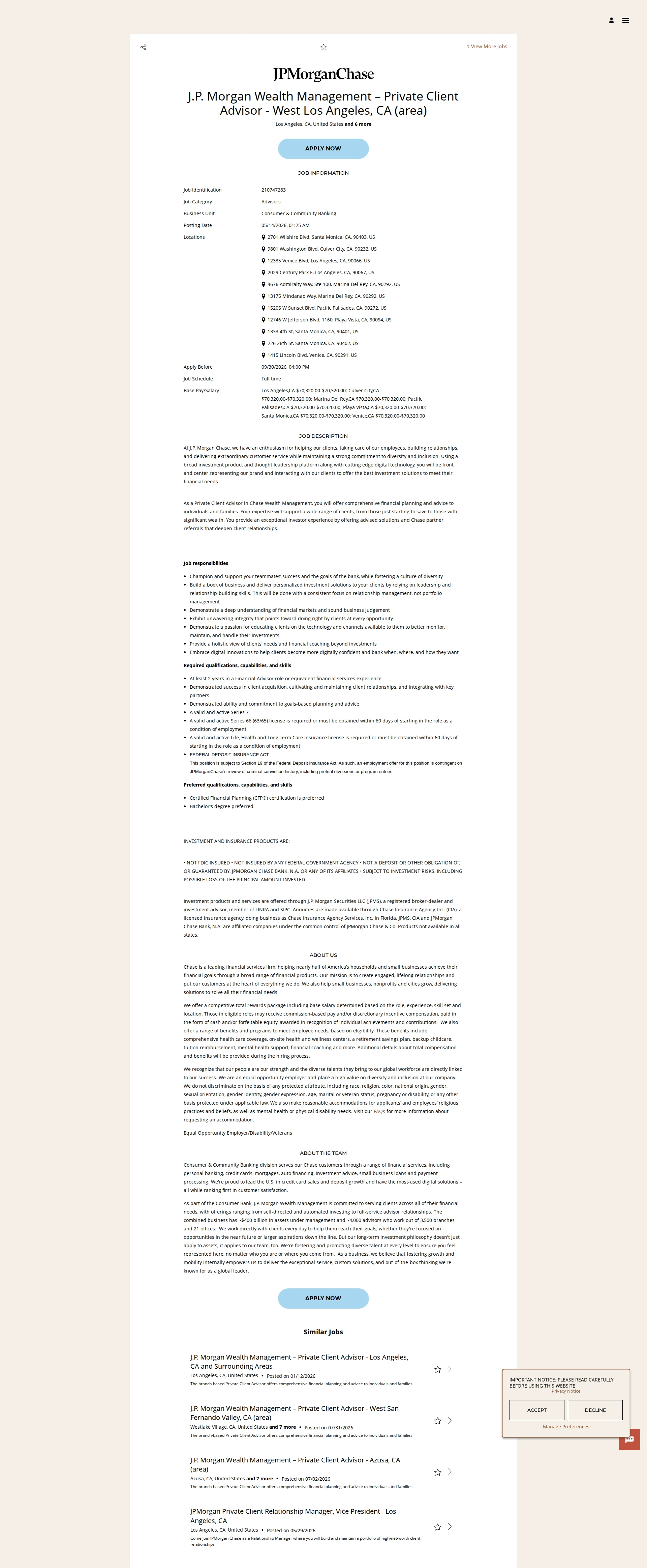 JPMorganChase J.P. Morgan Wealth Management – Private Client Advisor - West Los Angeles, CA (area) 채용공고
