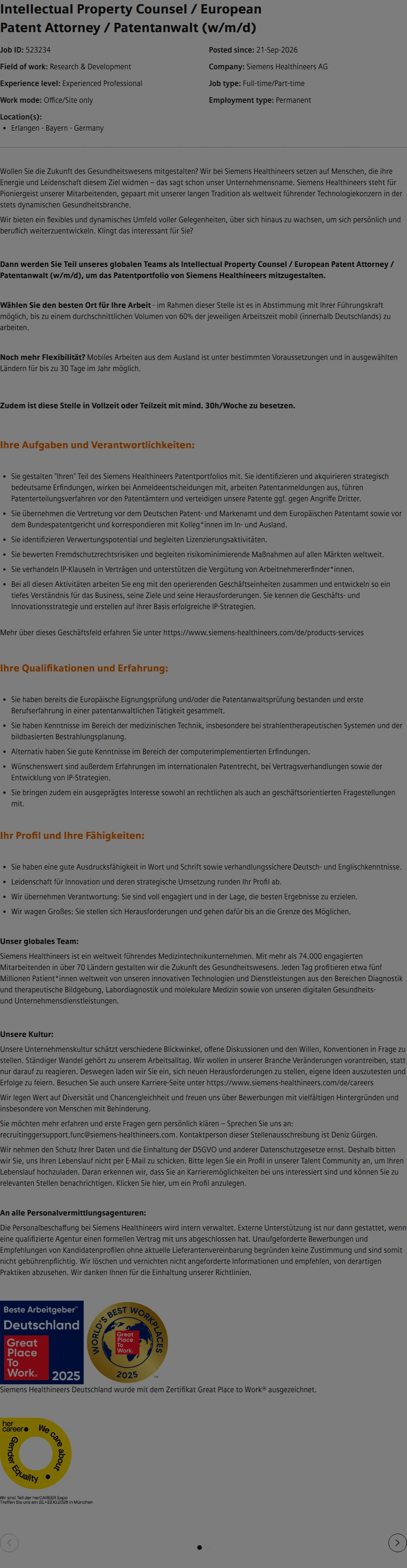 SiemensHealthineers Intellectual Property Counsel / European Patent Attorney / Patentanwalt (w/m/d) 채용공고