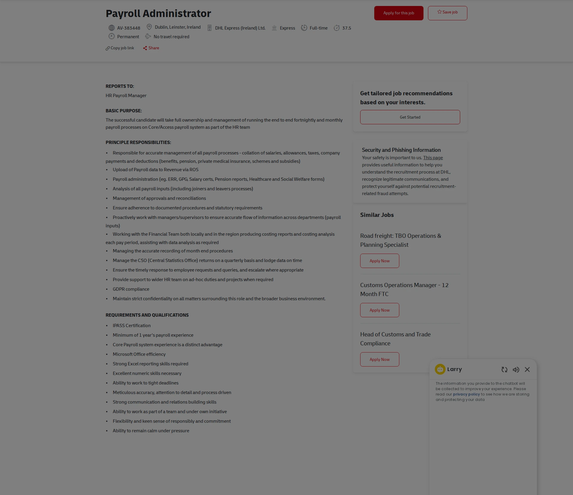 DHL Payroll Administrator 채용공고
