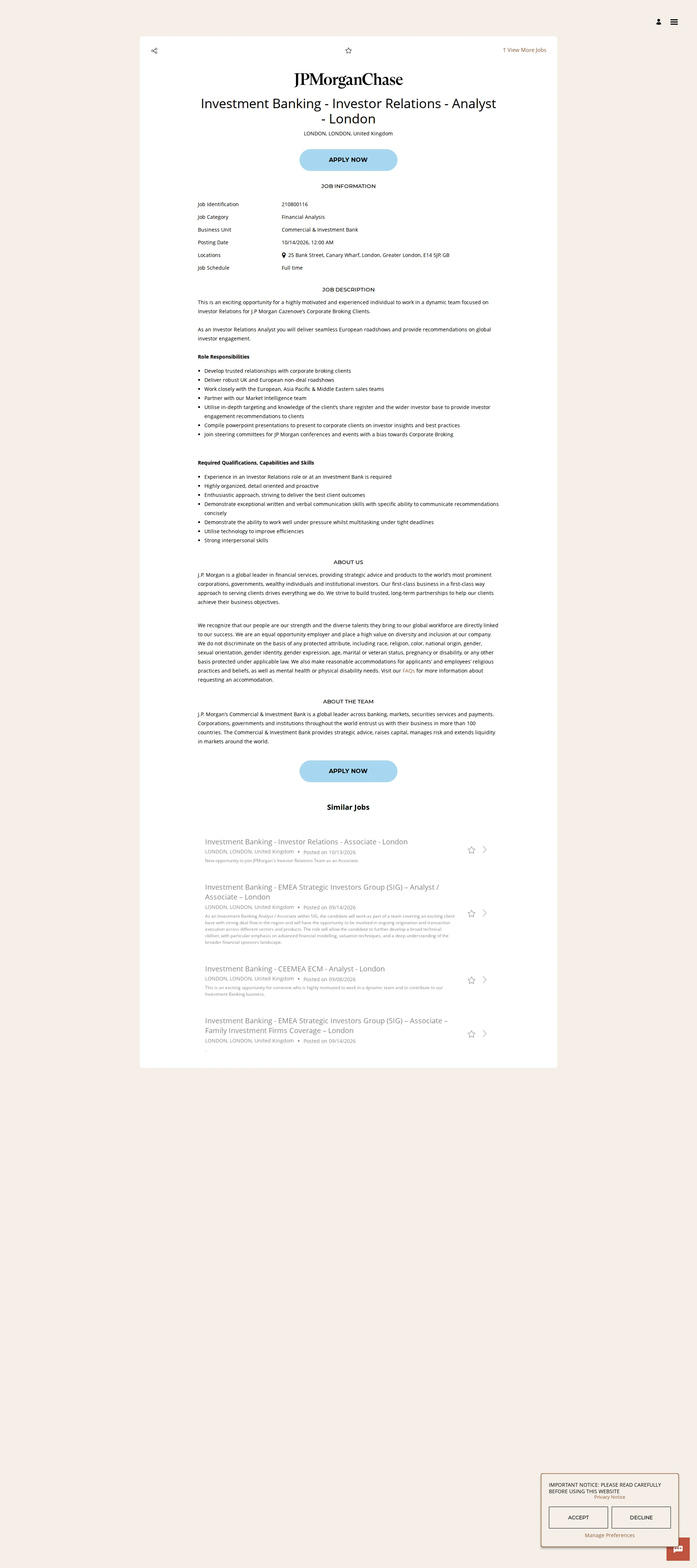 JPMorganChase Investment Banking - Investor Relations - Analyst - London 채용공고