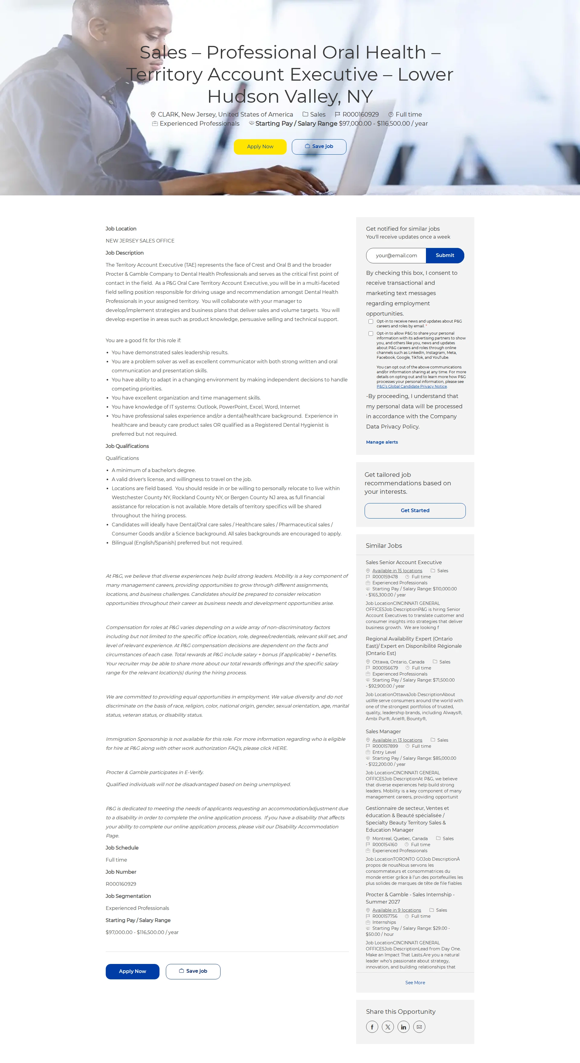 P&G Sales – Professional Oral Health – Territory Account Executive – Lower Hudson Valley, NY 채용공고