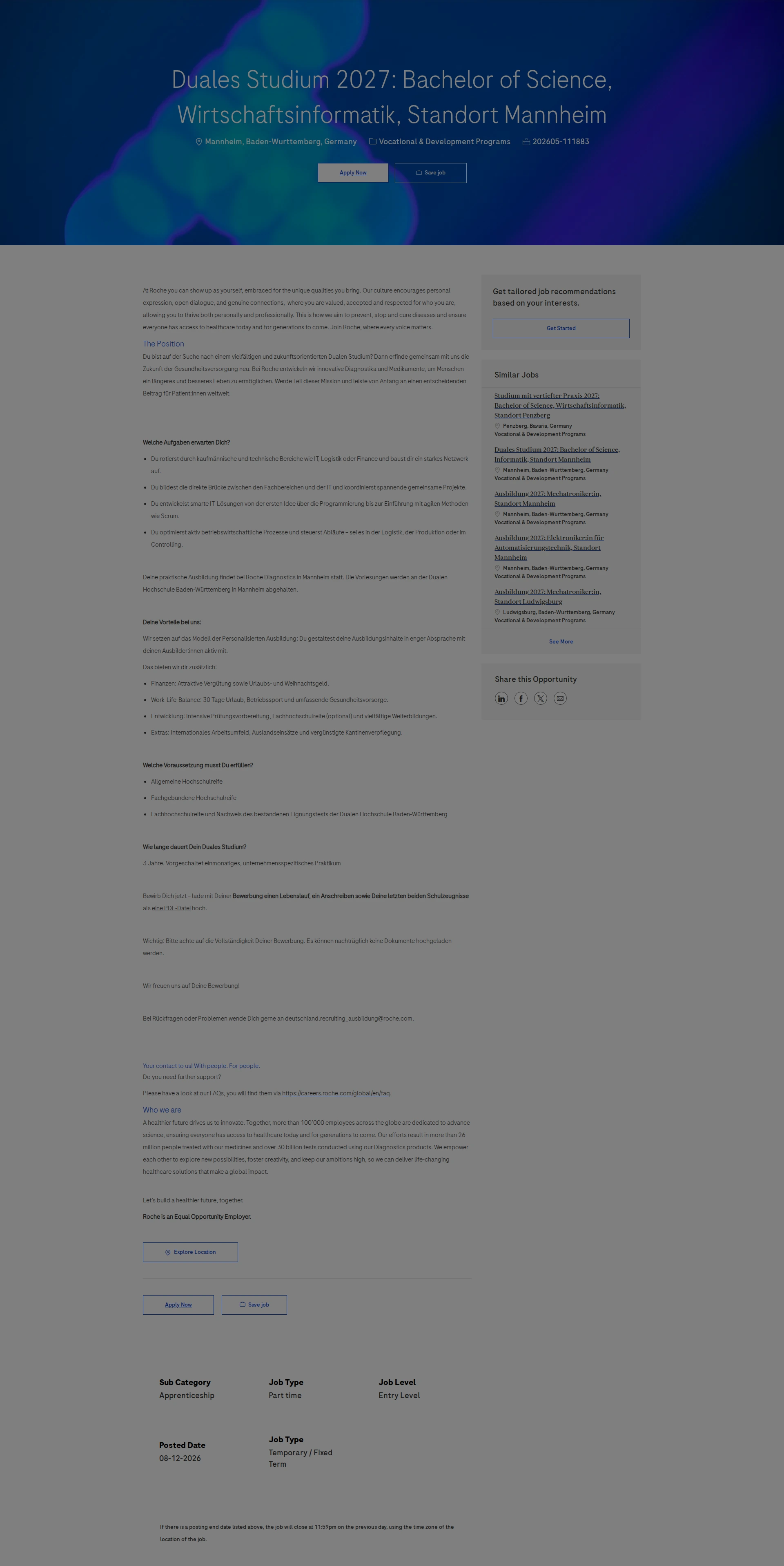 로슈 Duales Studium 2027: Bachelor of Science, Wirtschaftsinformatik, Standort Mannheim 채용공고