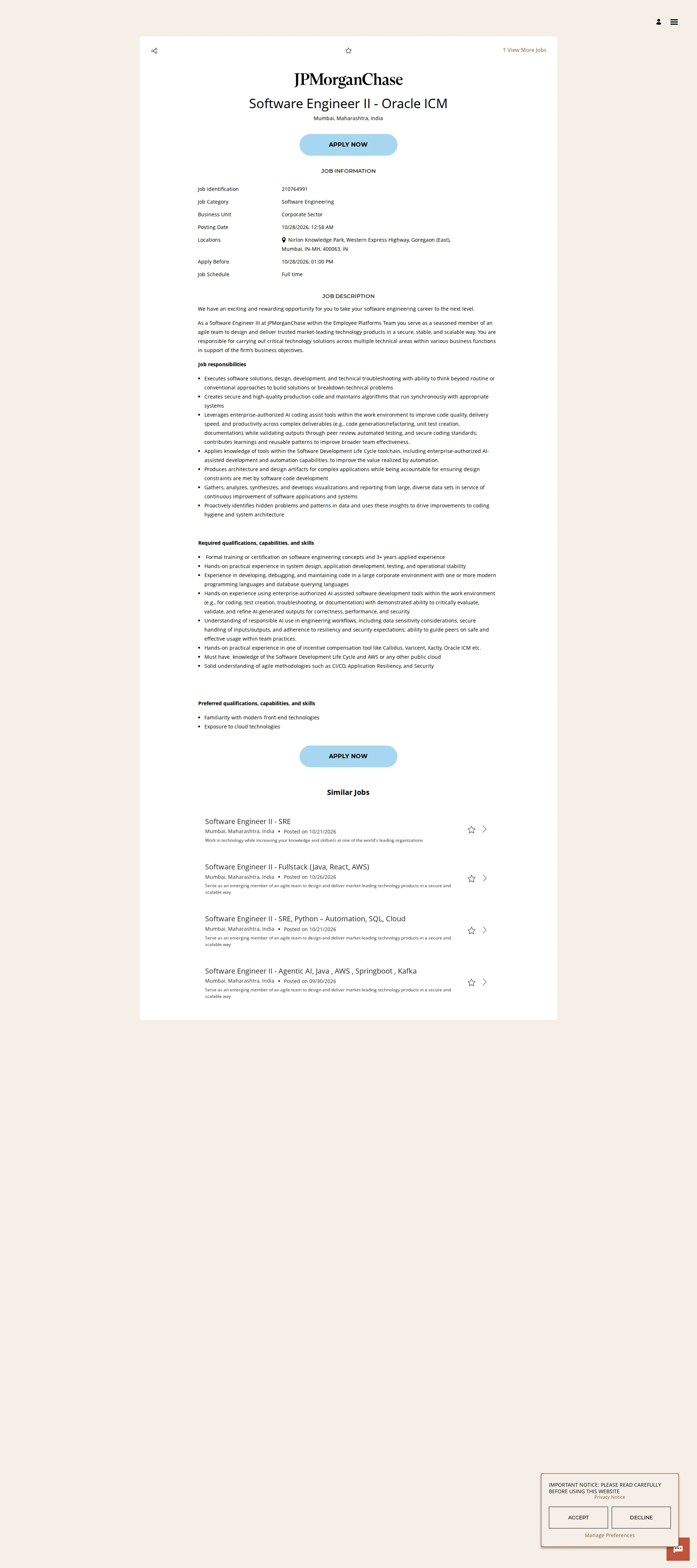JPMorganChase Software Engineer II - Oracle ICM 채용공고