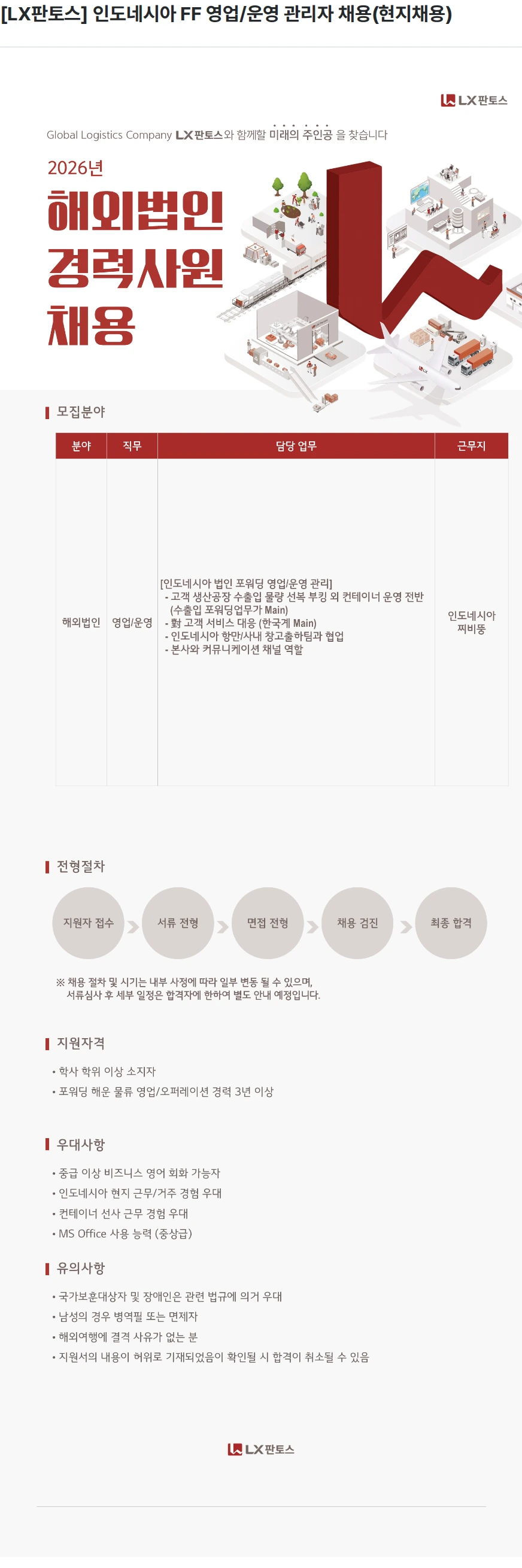 엘엑스판토스 [LX판토스] 인도네시아 FF 영업/운영 관리자 채용(현지채용) 채용공고